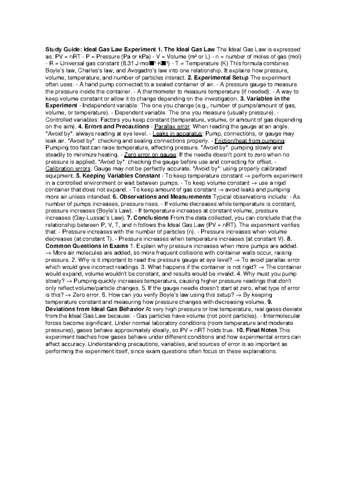 Ideal Gas Law Experiment Study Guide (Course Code: IGL101) - Studocu