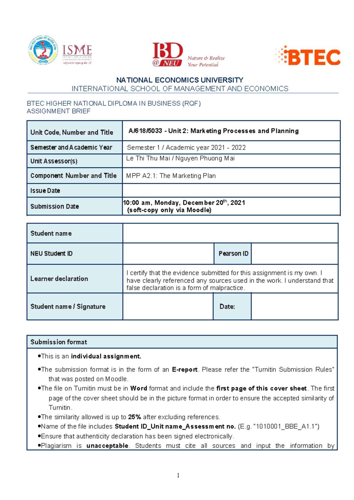 Marketing Plan Assignment A/618/5033: Unit 2 Marketing Processes - Studocu