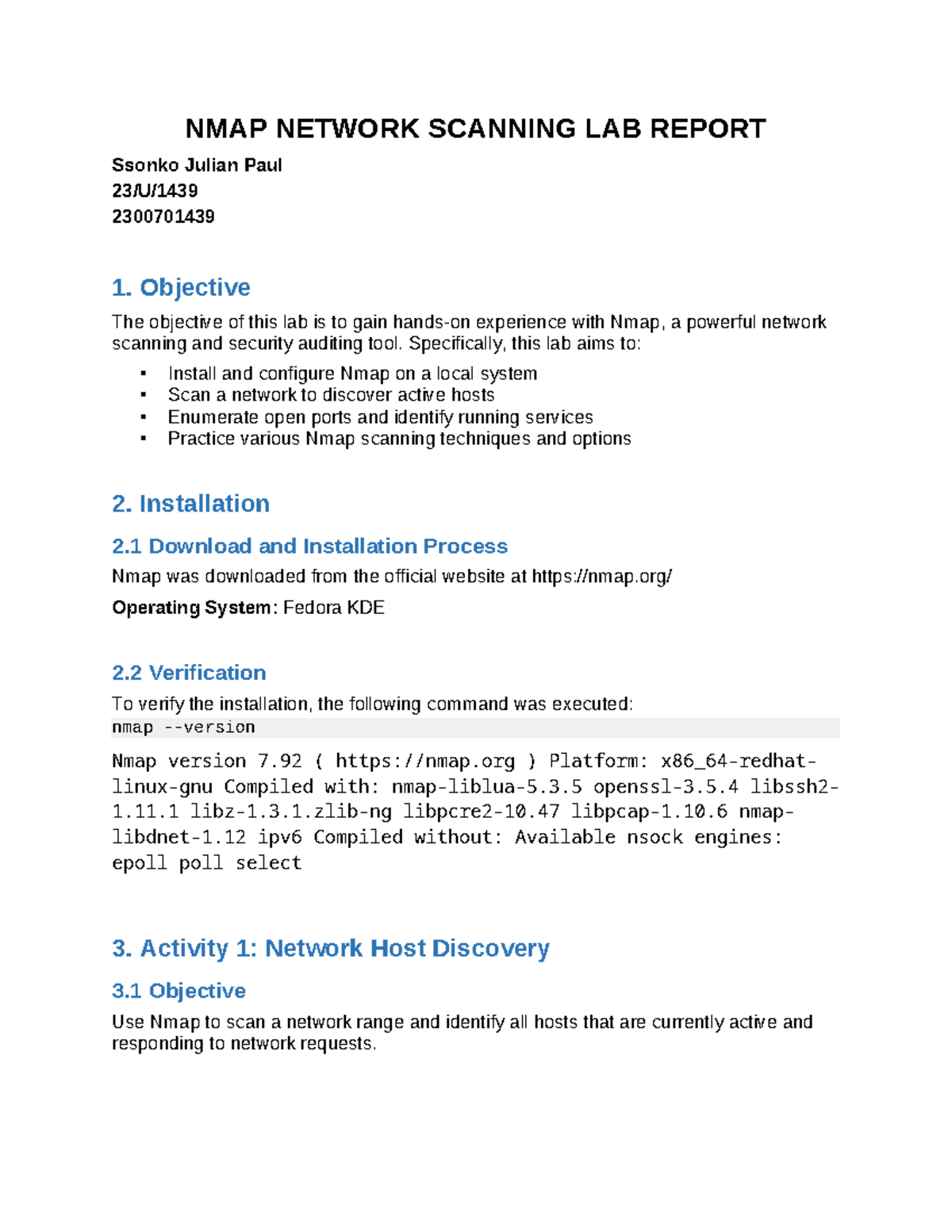 NMAP Network Scanning Lab Report - Ssonko J.P. 2300701439 - Studocu