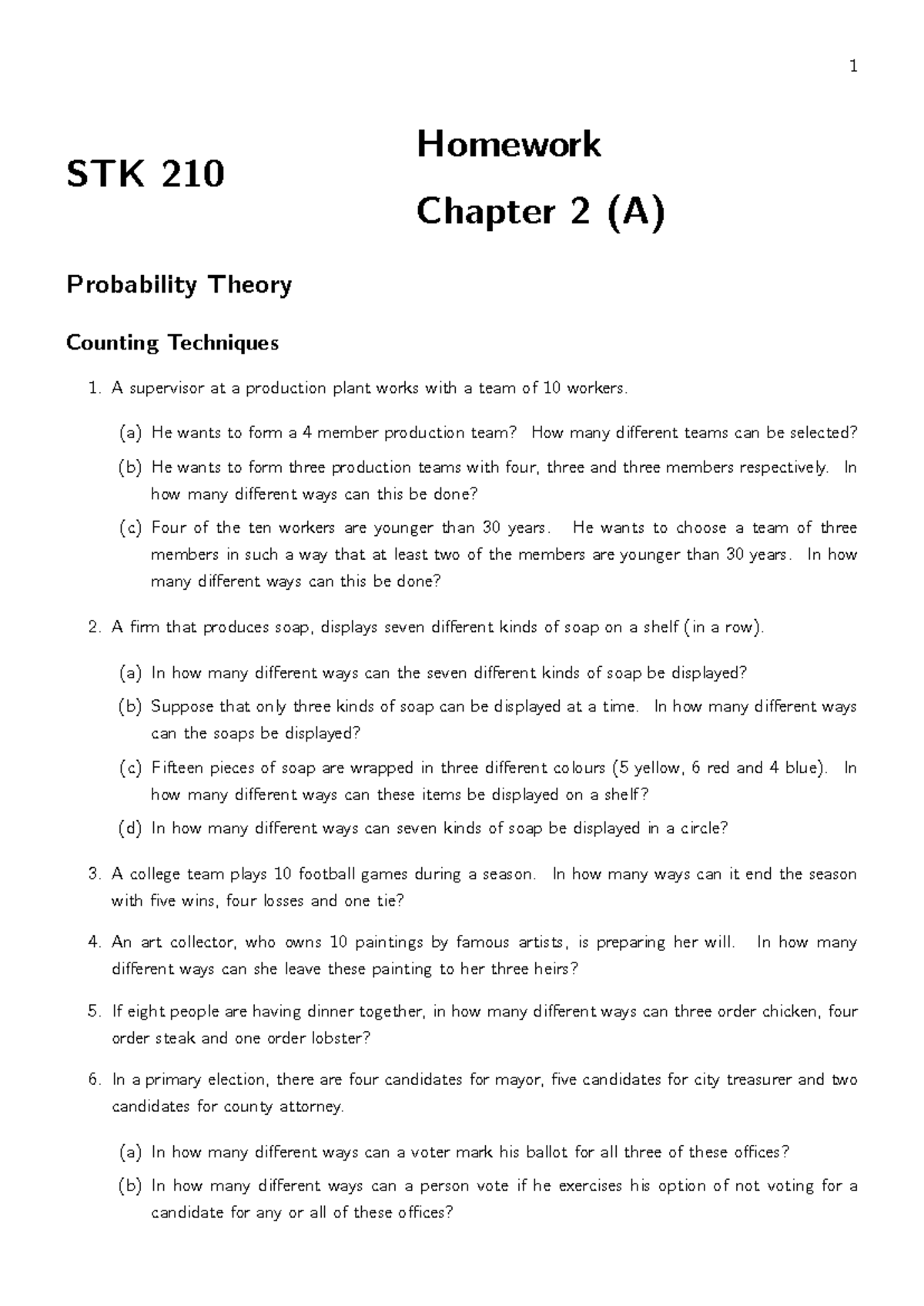 STK 210 Homework: Chapter 2 (A) - Counting Techniques Problems - Studocu