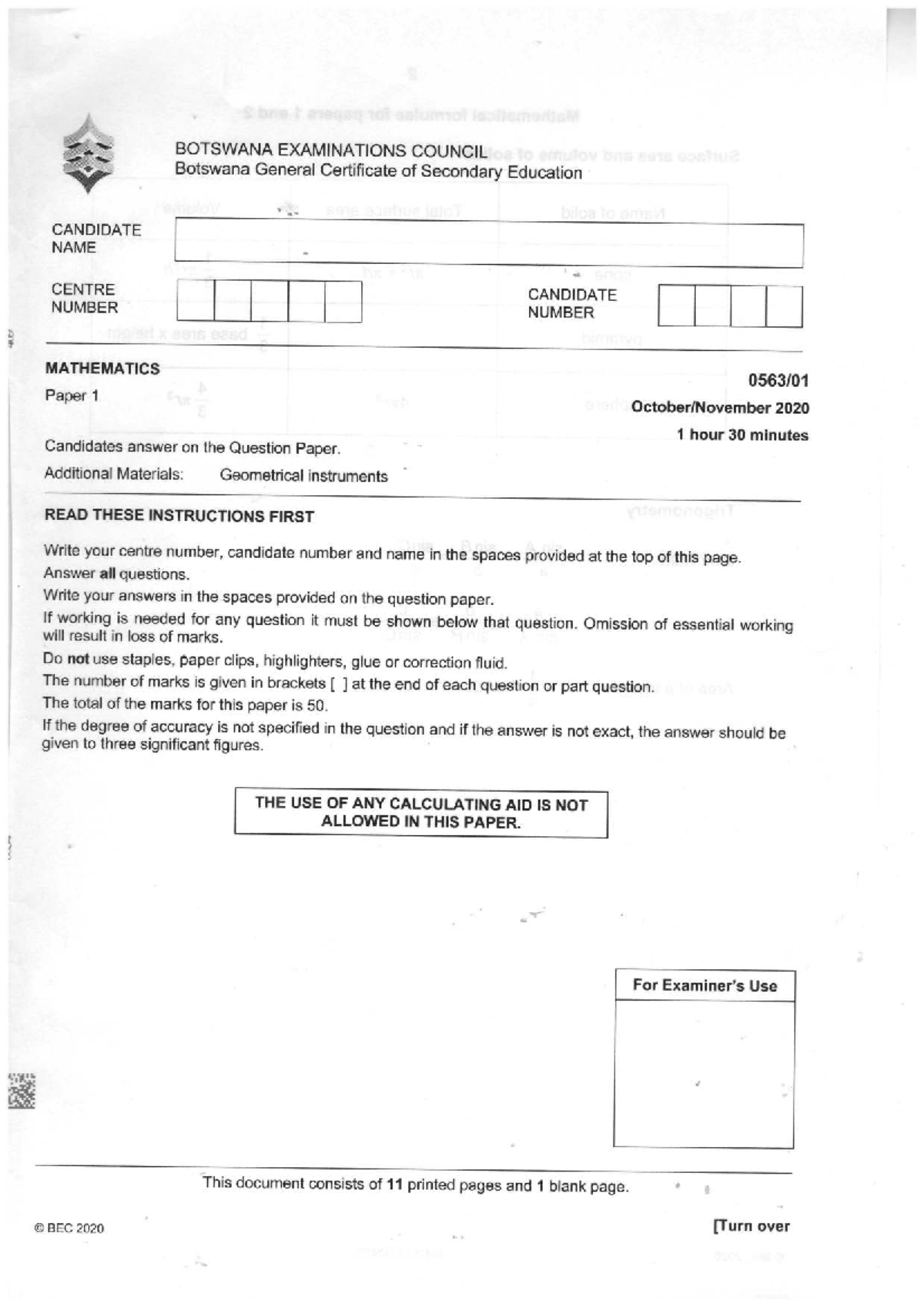 P1 2020 BEC Mathematics Exam Paper - Revision Guide - Studocu