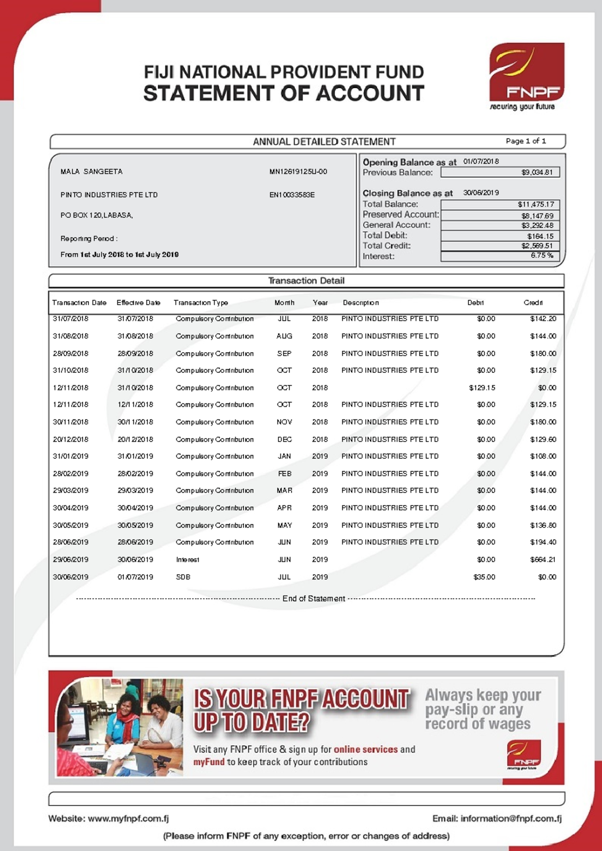 FNPF Annual Statement for Pinto Industries PTE LTD (2018-2019) - Studocu