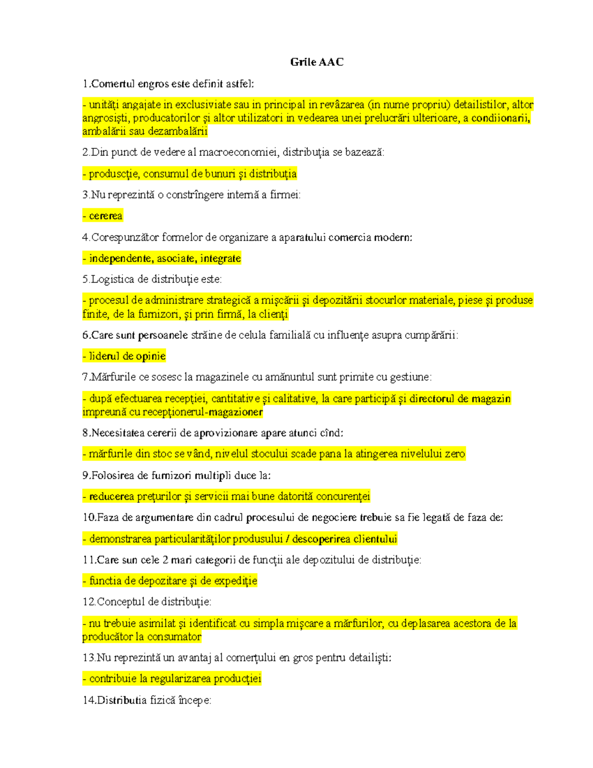 Grile AAC - Comertul Engros și Distribuția: Întrebări și Răspunsuri - Document Preview