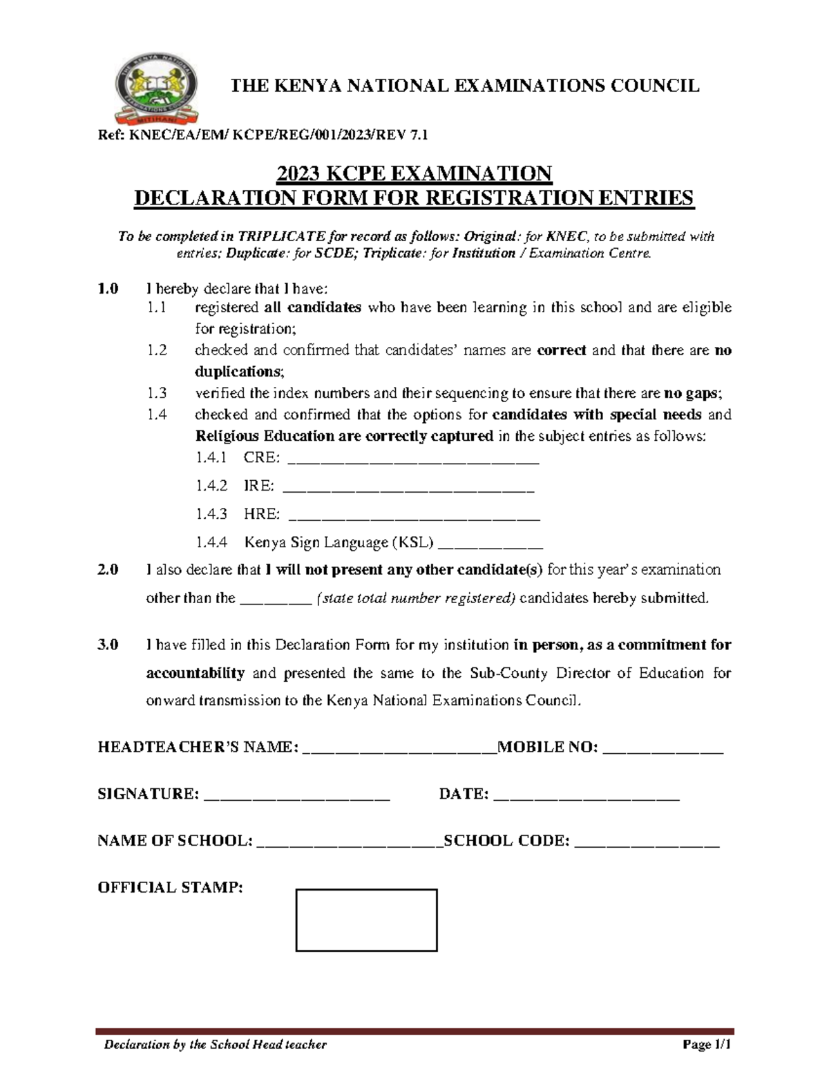 2023 KCPE Declaration Form by School Headteachers - Studocu