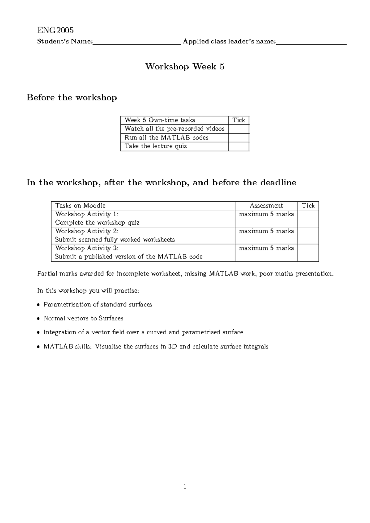 ENG2005 Workshop Week 5: MATLAB Surfaces & Integrals Tasks - Studocu