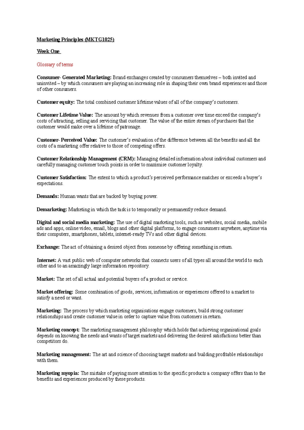 Marketing Principles (MKTG1025) - Week 1 Lecture Notes Summary - Studocu