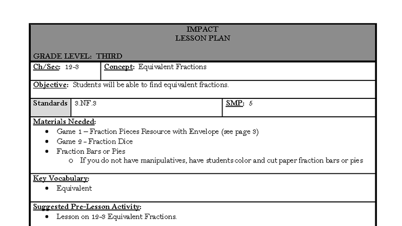 Equivalent Fractions Lesson Plan for 3rd Grade (3.NF.3) - Studocu