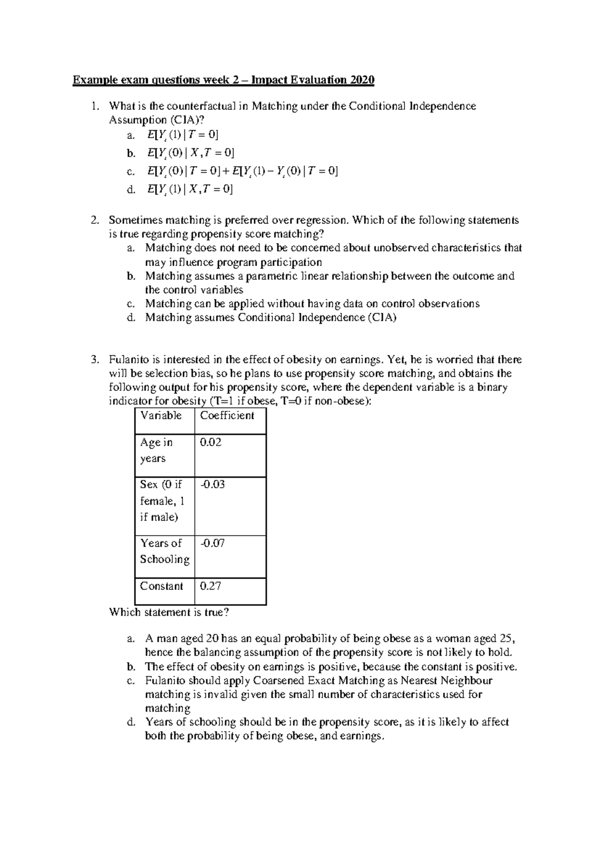 Impact Evaluation 2020 – Week 2 Exam Questions and Answers - Studeersnel