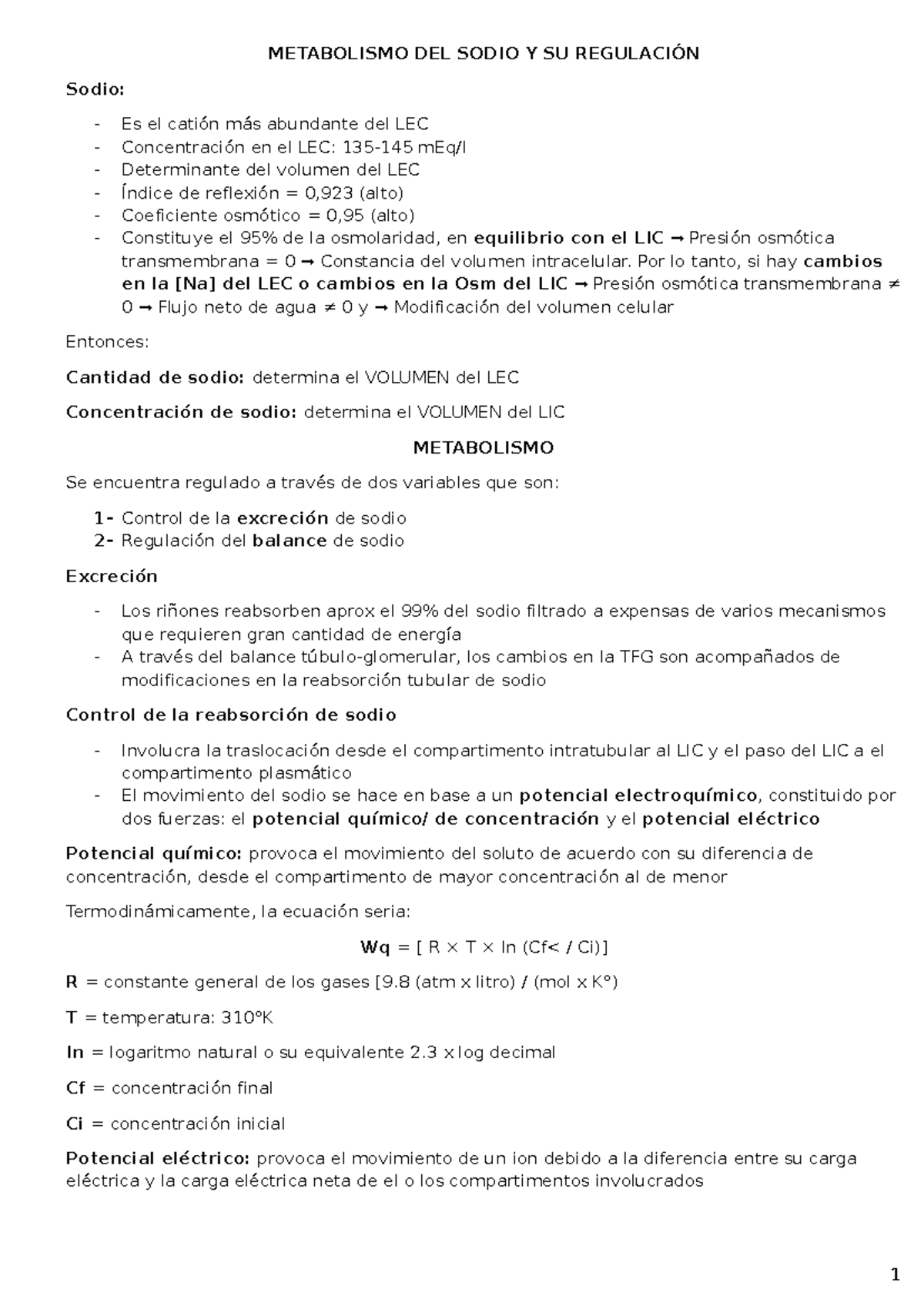 METABOLISMO DEL SODIO Y SU REGULACIÓN - Curso de Fisiología - Studocu