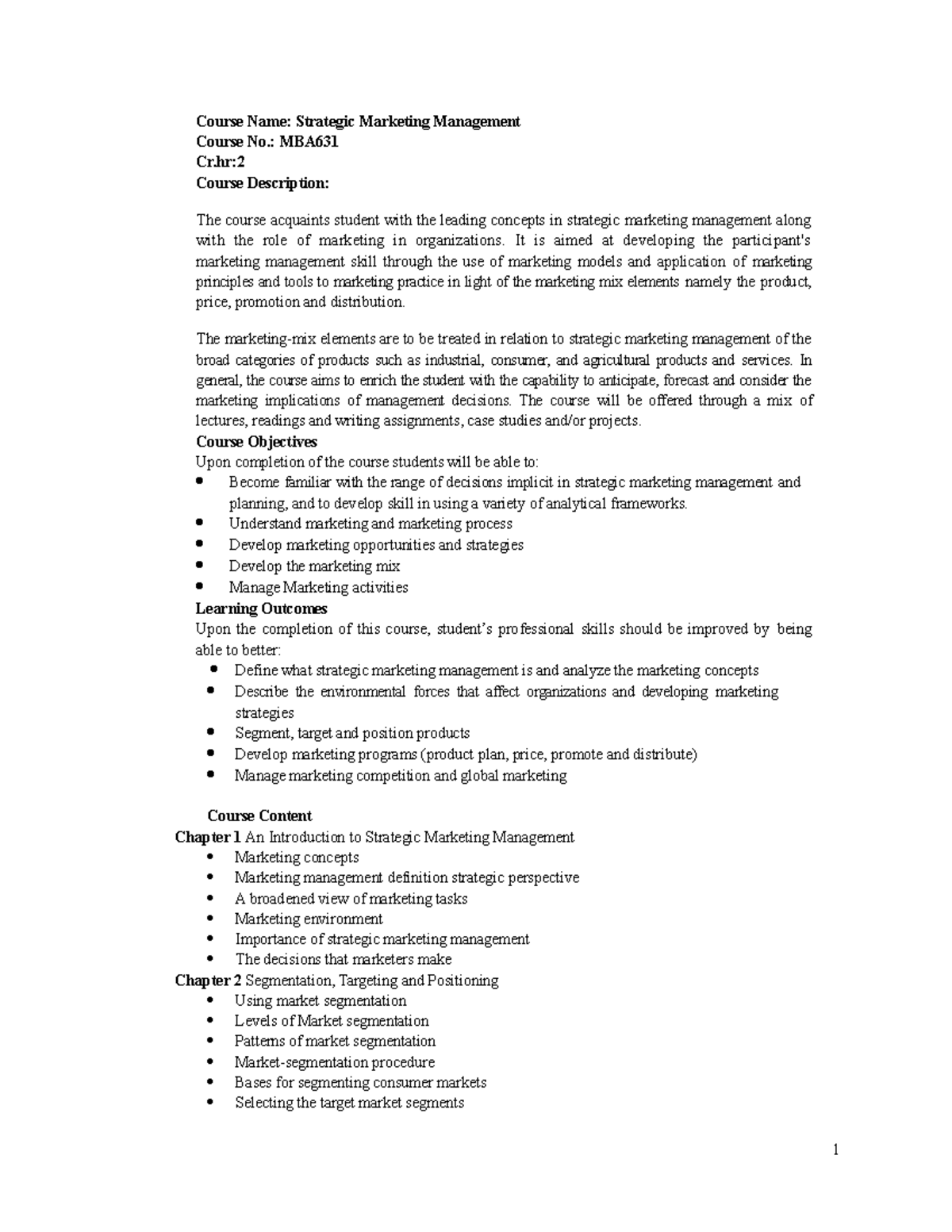 MBA Strategic Marketing Management Course Outline - Studocu