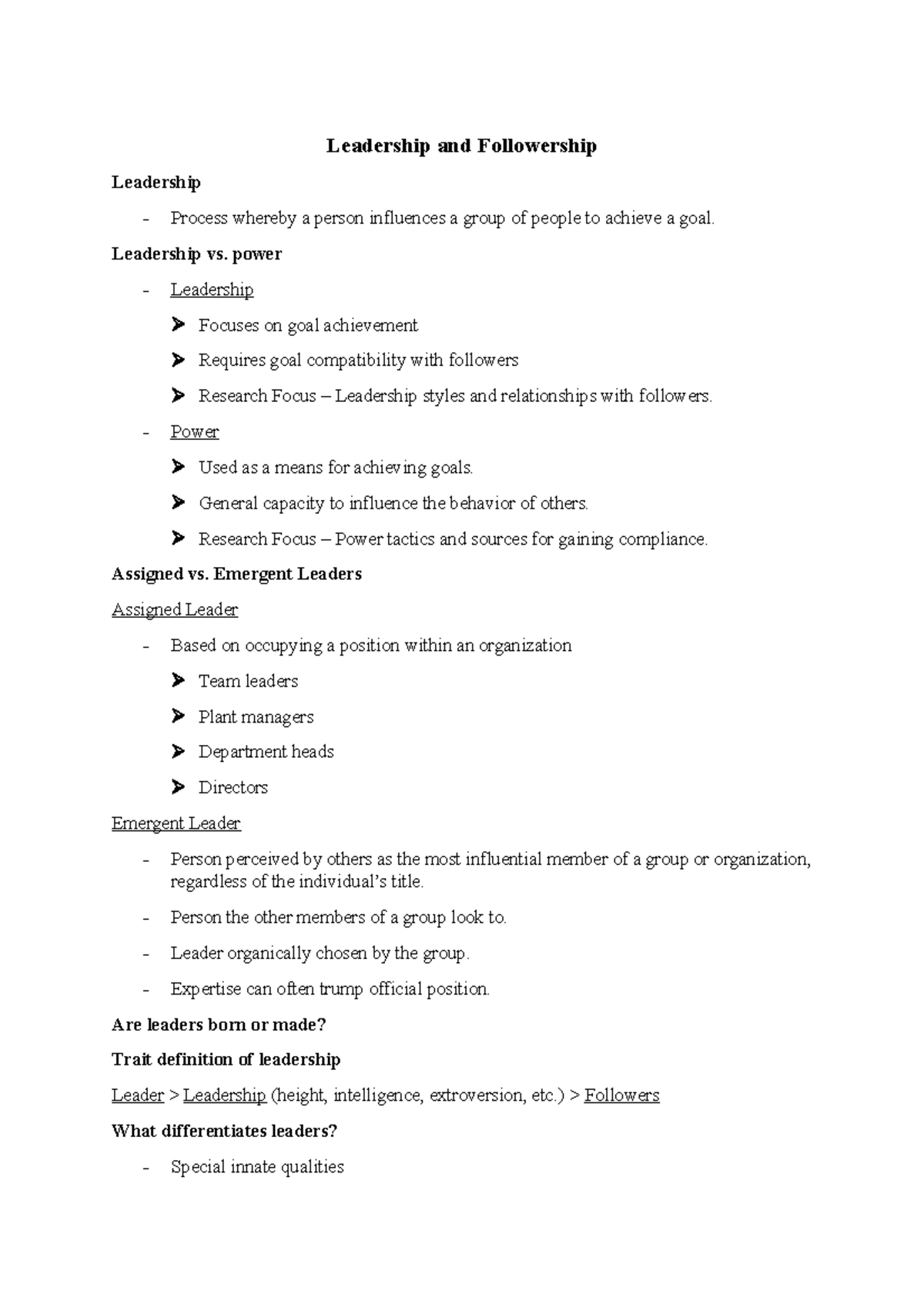 Leadership and Followership Lecture Notes (Course Code: LEAD101) - Studocu