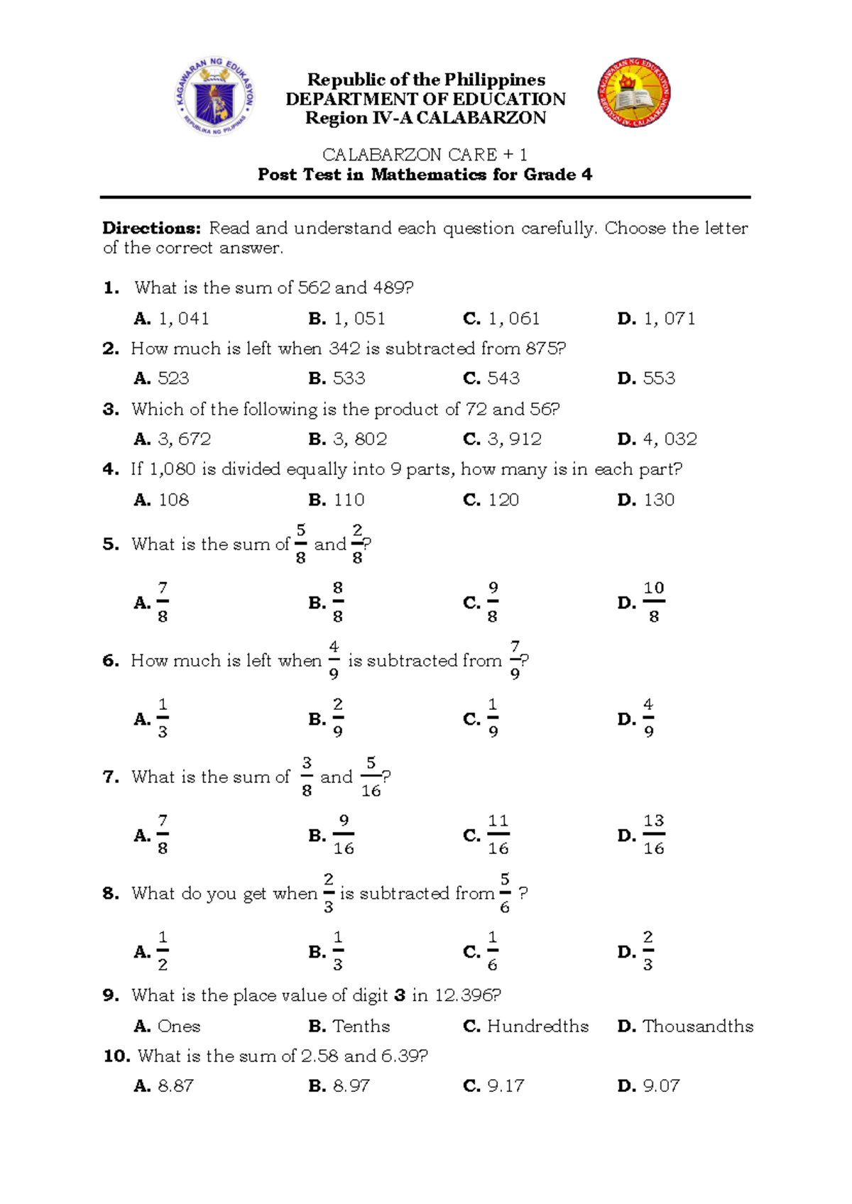 Grade 4 Mathematics Post Test - CALABARZON CARE 1 - Studocu