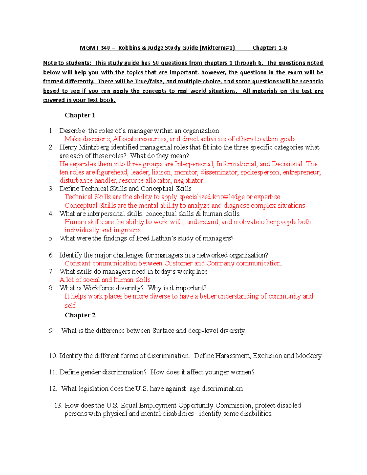 MGMT 340 Midterm Study Guide: Key Concepts from Chapters 1-6 - Studocu