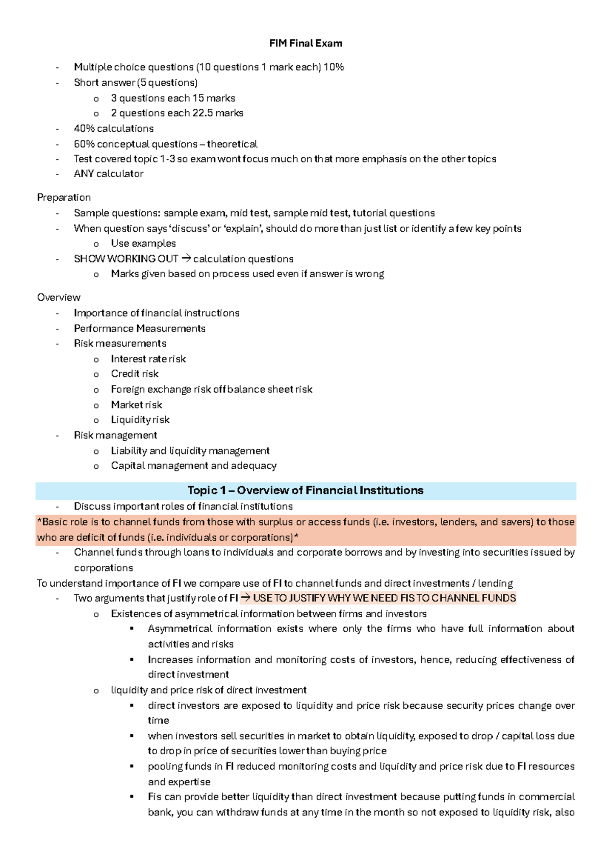 FIM Final Exam Study Notes: Key Topics & Sample Questions - Studocu