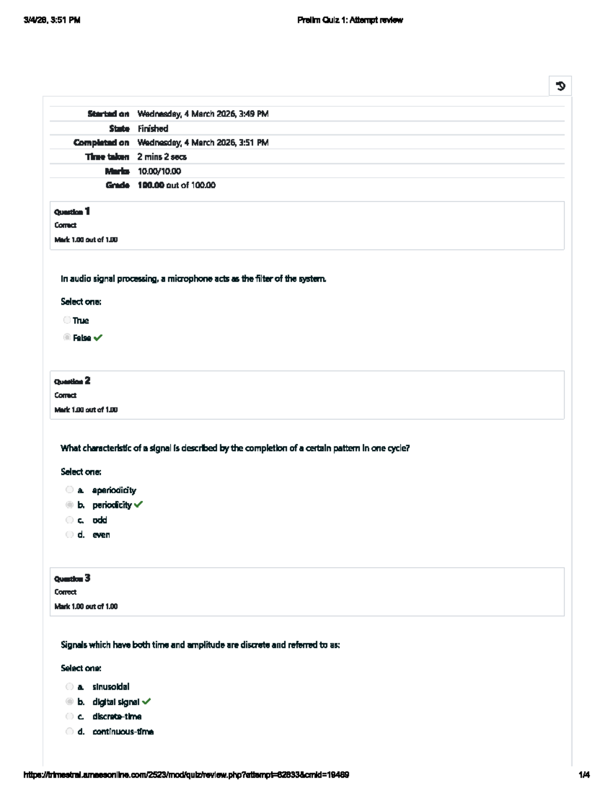Signal Prelim Quiz 1 Review: Attempt Analysis and Results - Studocu