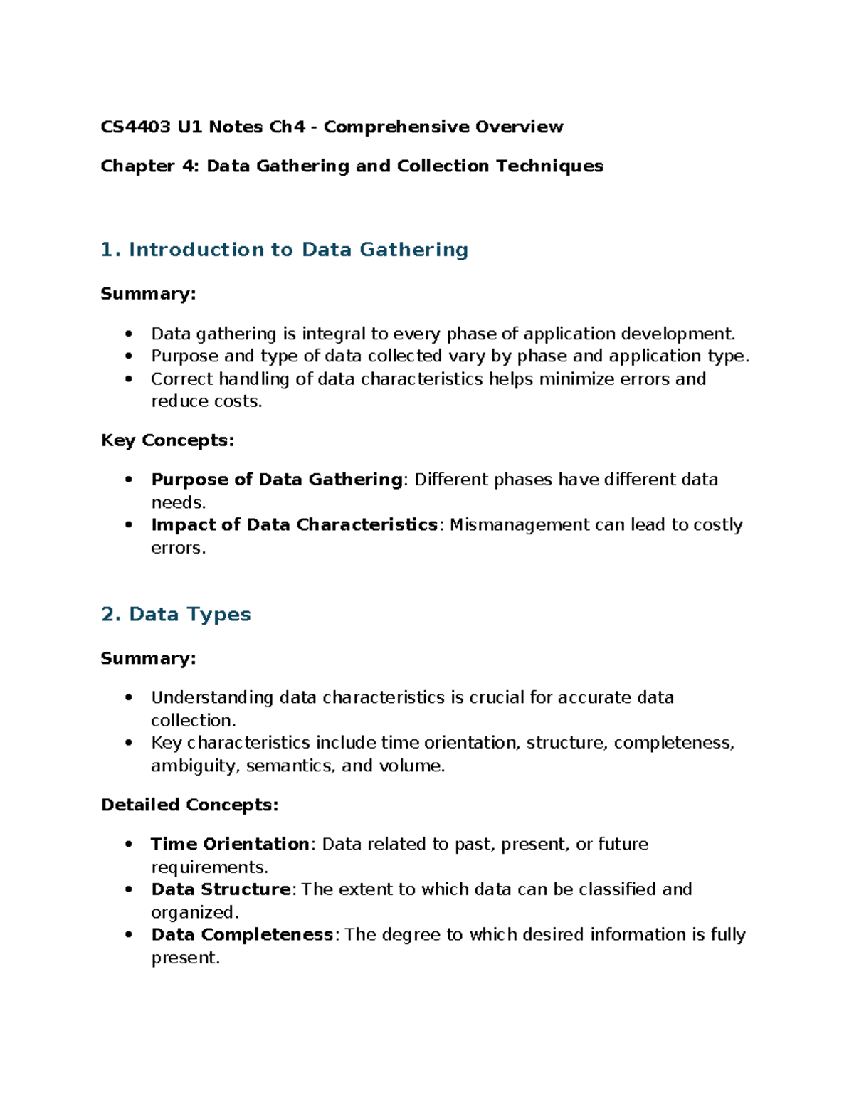 CS4403 U1 Notes Ch4 - Data Gathering & Collection Techniques - Studocu