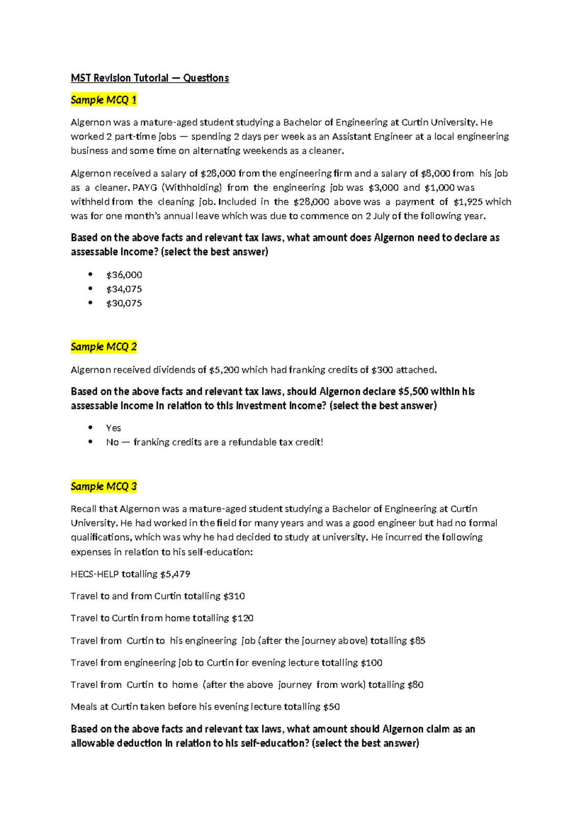 TAXA2000 - MST Sample MCQs on Assessable Income & Deductions - Studocu
