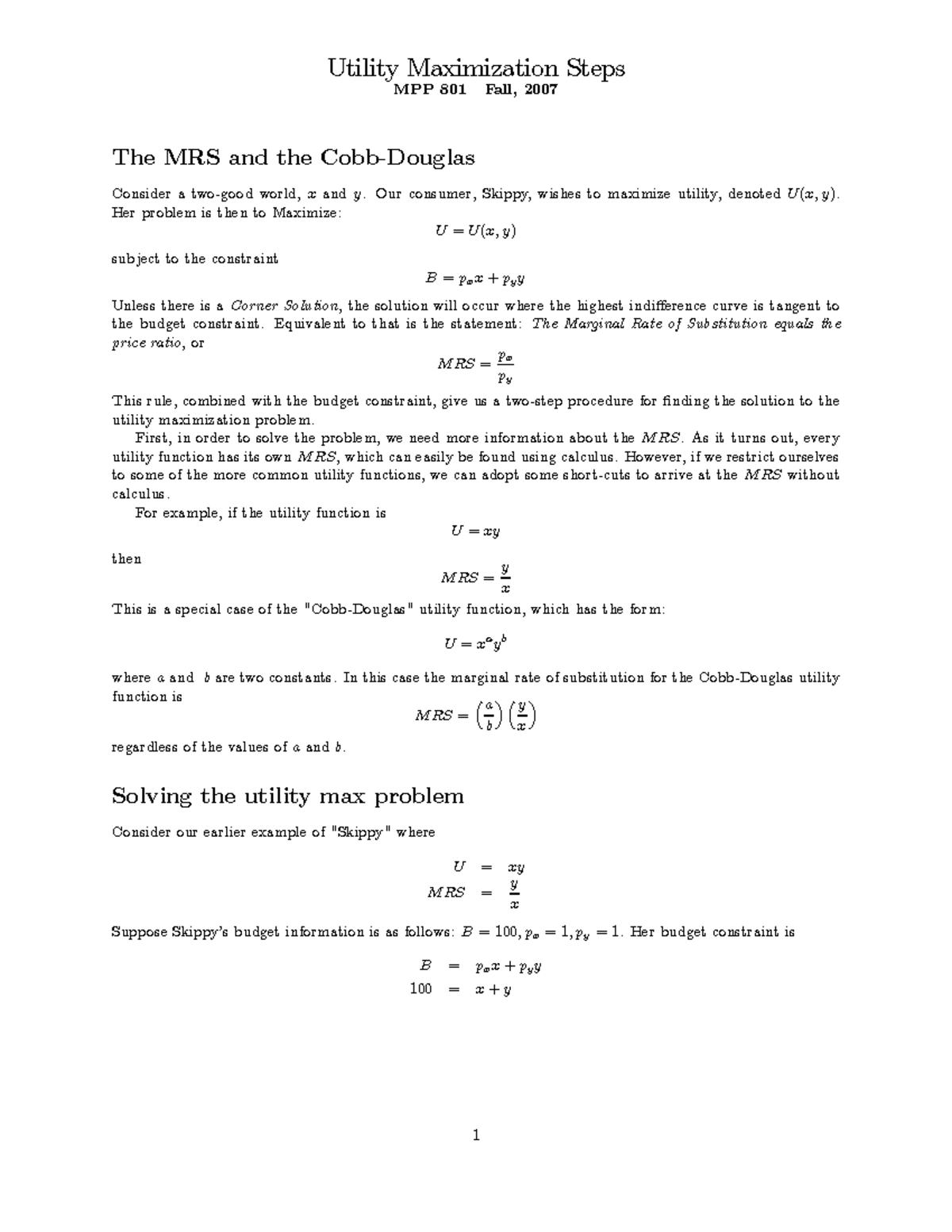 Utility Maximization Steps MPP 801 Fall 2007: MRS and Budget ...