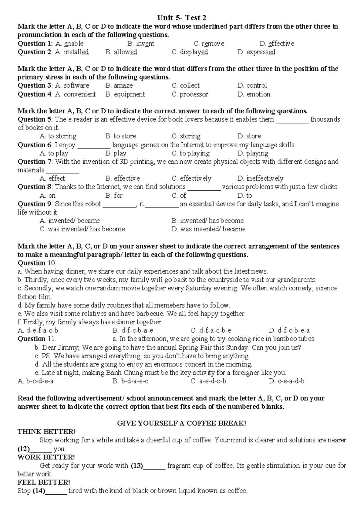 Bộ Test theo form 2025 - Anh 10 Global Success - Unit 5 - Test 2 HS ...