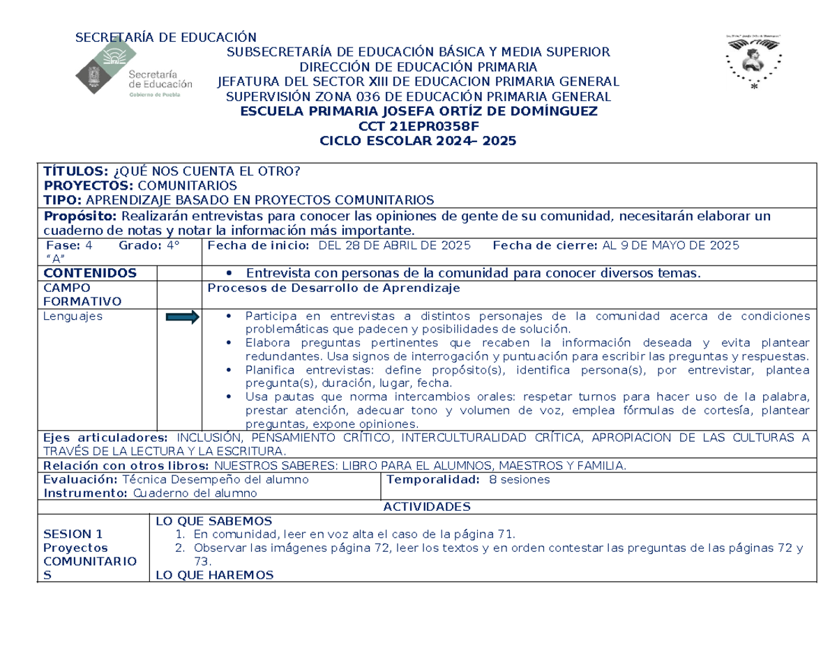Planeación de Actividades: Proyectos Comunitarios y Aprendizaje Basado ...