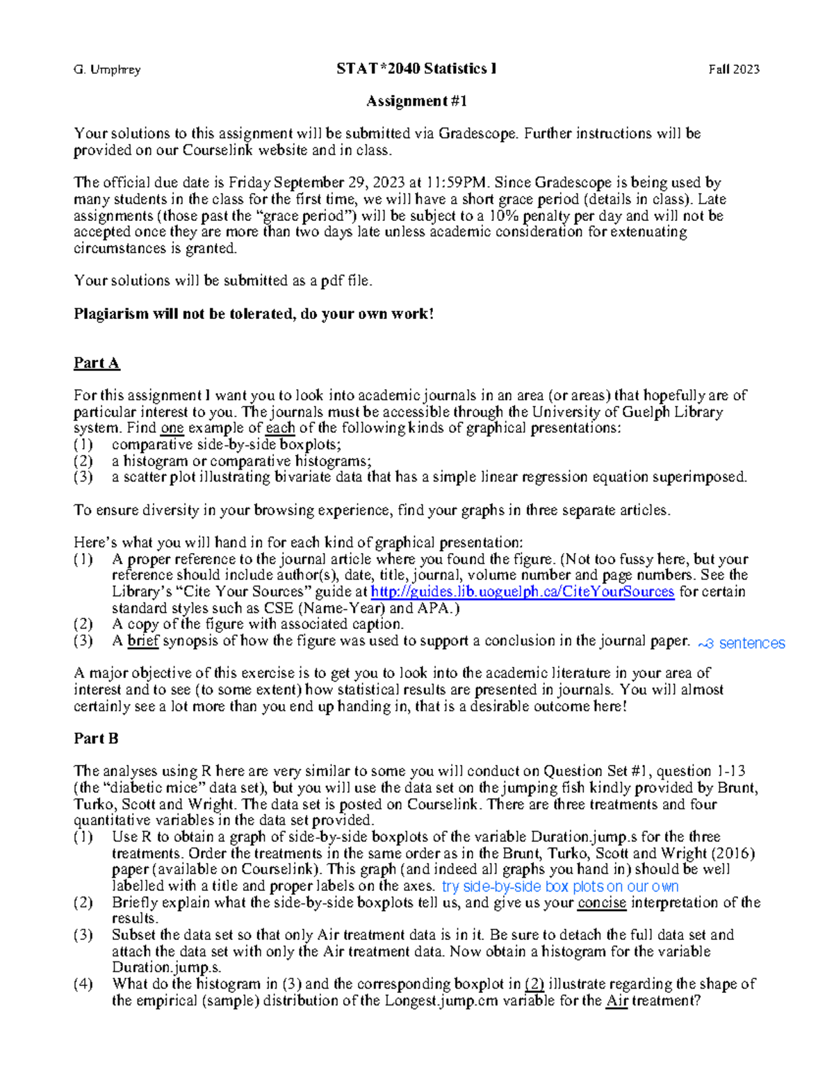STAT*2040 Assignment #1: Graphical Presentations & R Analyses - Studocu