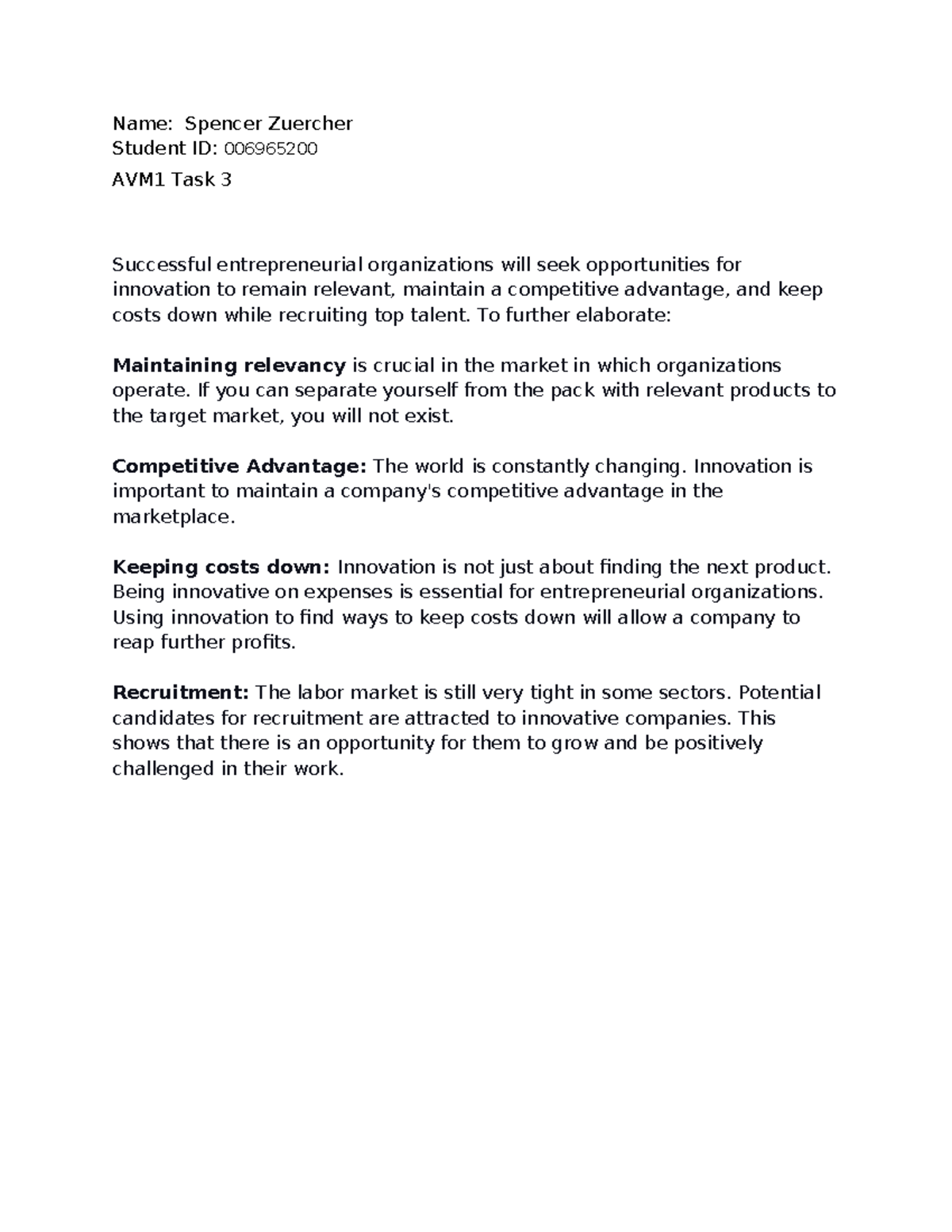 AVM1 Task 3 - Business Management tasks 3 - Name: Spencer Zuercher ...