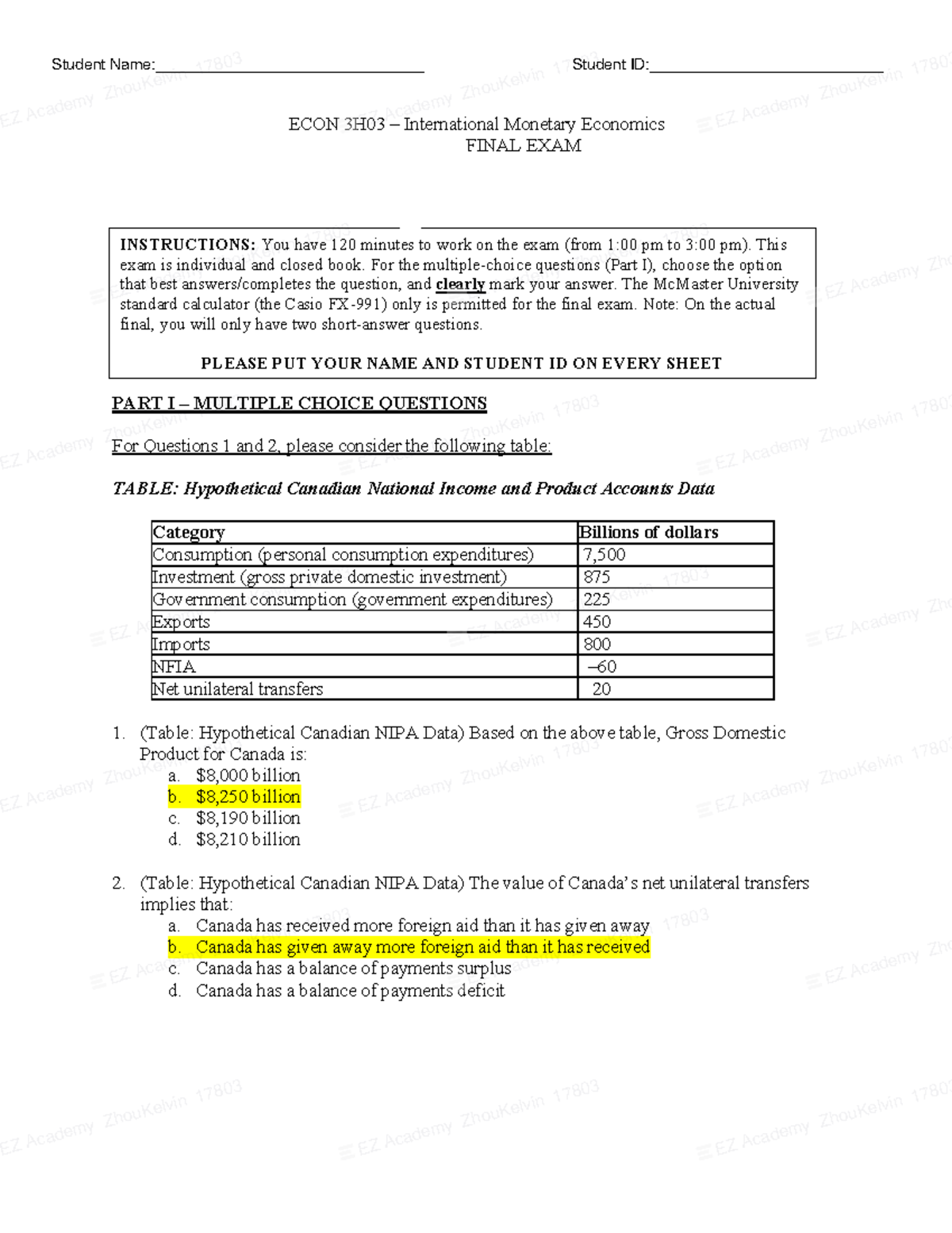 ECON3H03 Practice Final Exam Solutions and Insights - Studocu
