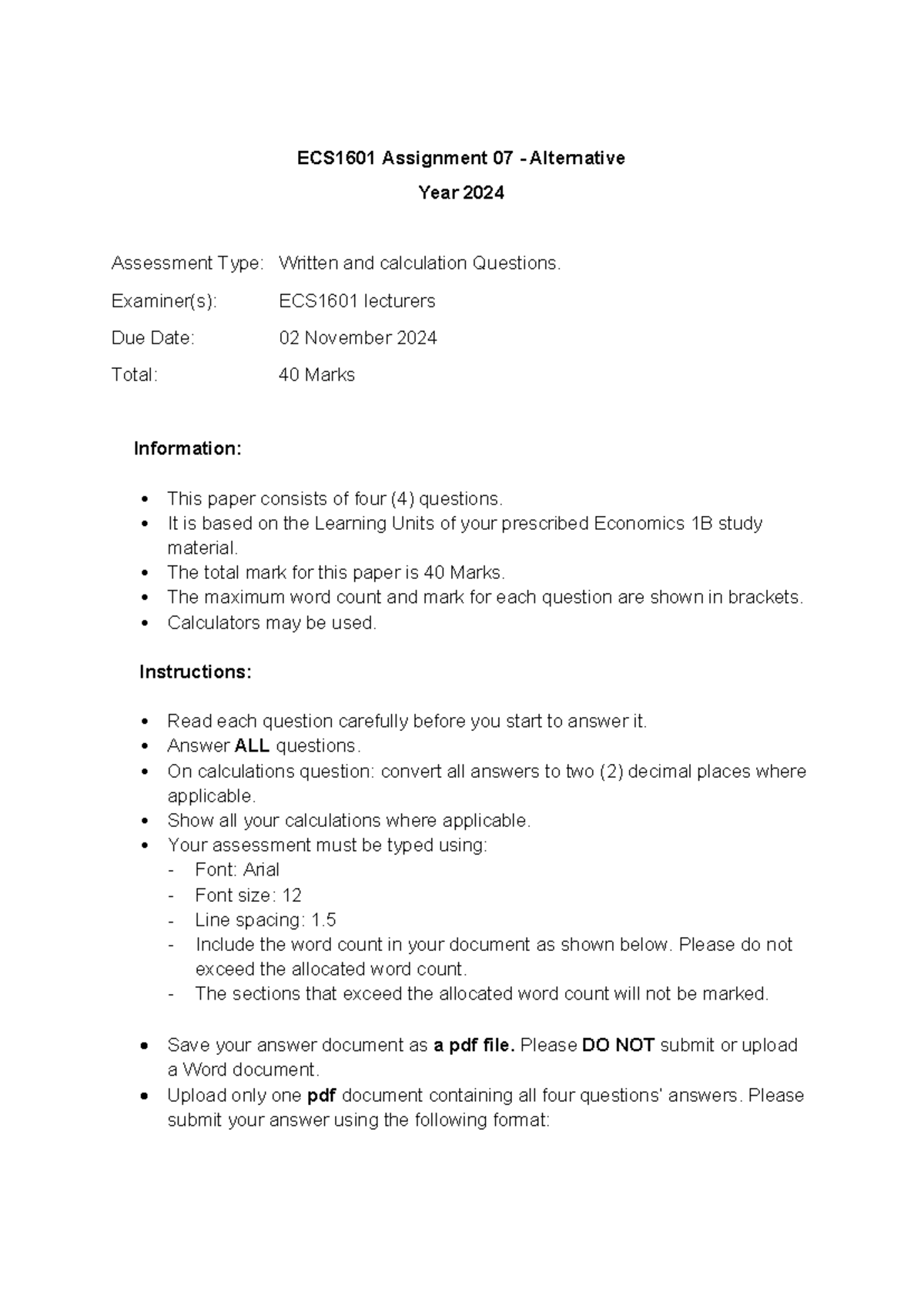 ECS1601 Assignment 07 - Alternative Year 2024: Written & Calculation ...