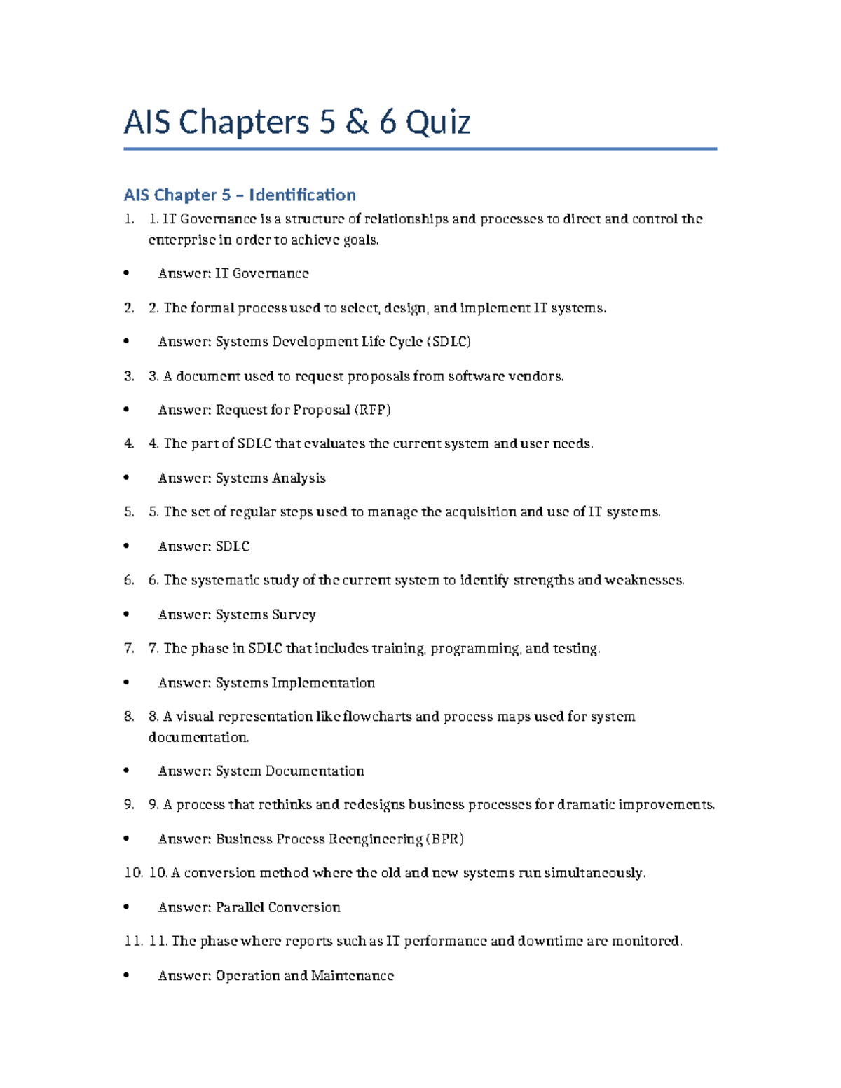 AIS Chapters 5 & 6 Quiz: Key Concepts and True/False Review - Studocu