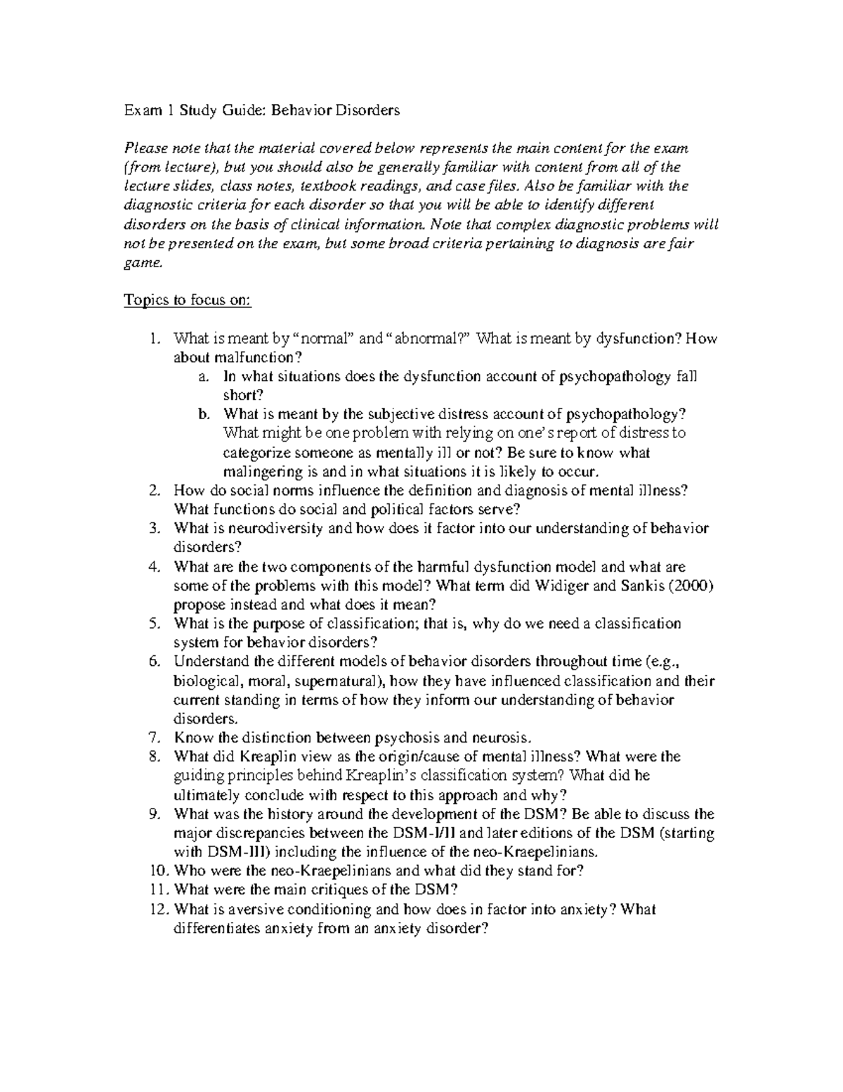 Study Guide Exam1 2024 Final - Exam 1 Study Guide: Behavior Disorders ...