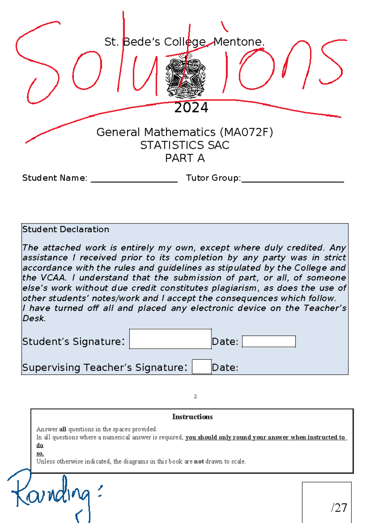 2024 General Mathematics (MA072F) Statistics SAC Part A Solutions - Studocu