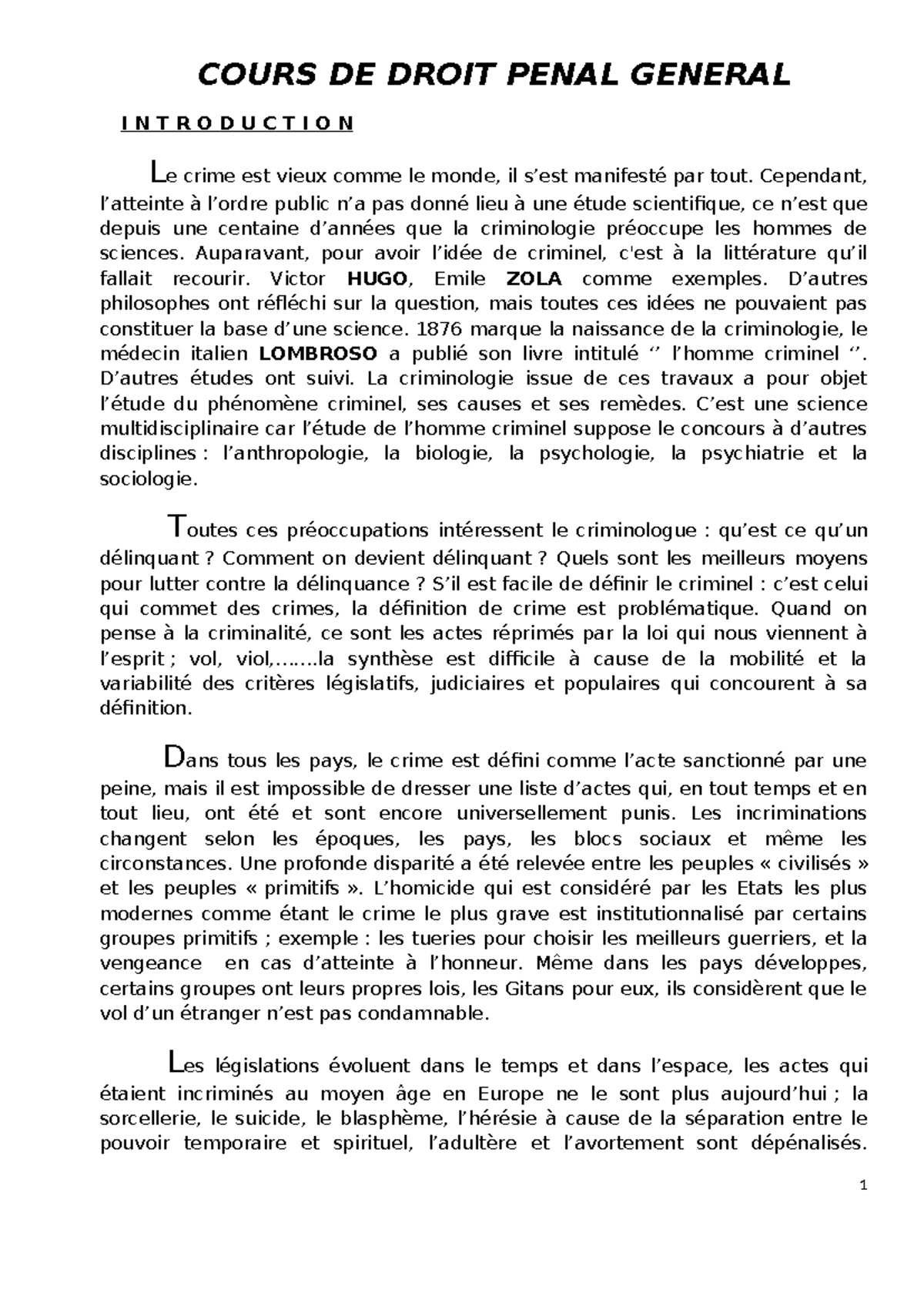 Cours de Droit Pénal Général : Introduction à la Criminologie et ses ...