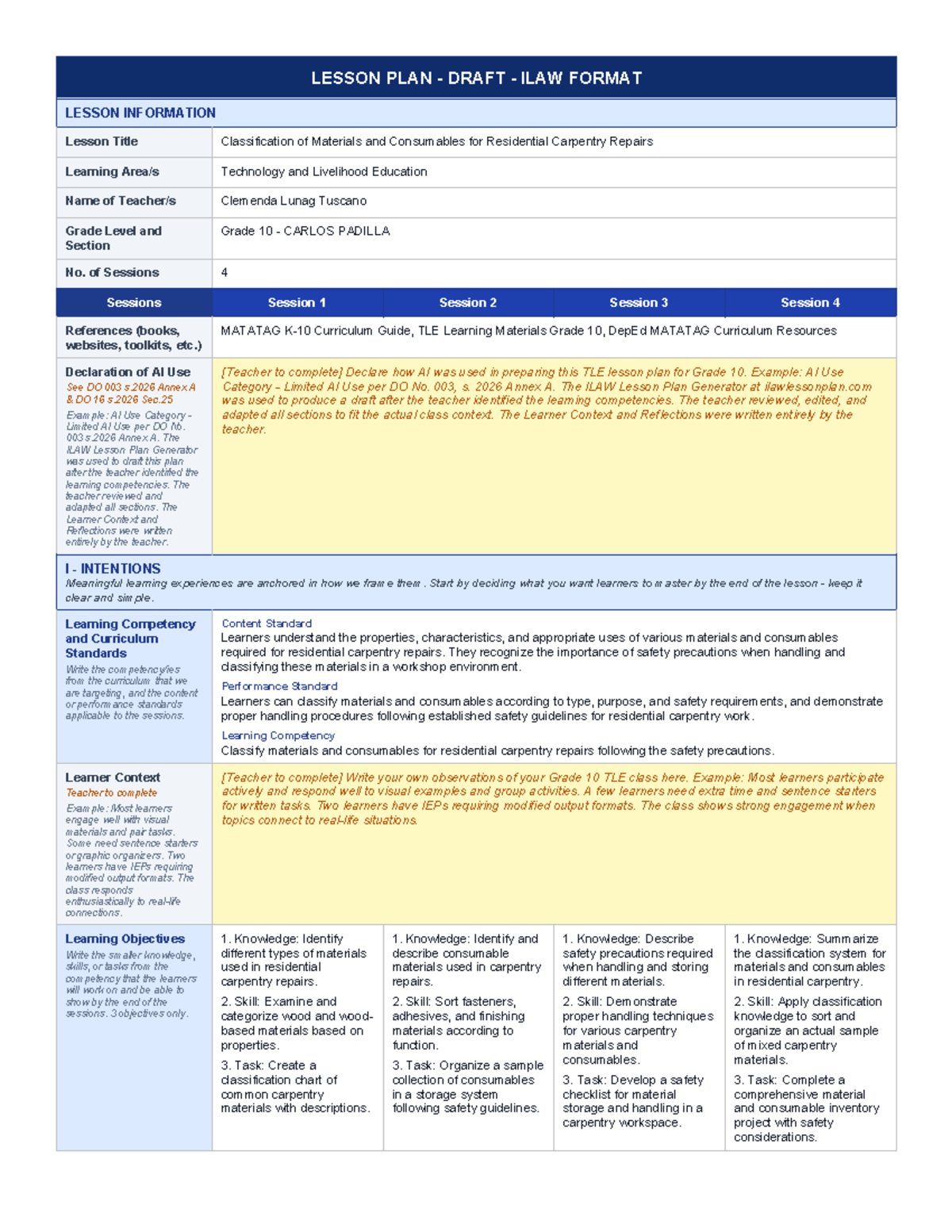 TLE Grade 10 Lesson Plan: Classifying Carpentry Materials & Safety ...