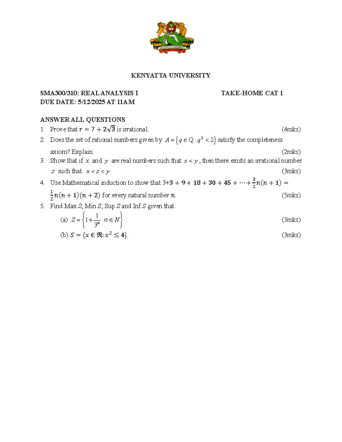 SMA300-310 REAL ANALYSIS I CAT 1 QUESTIONS & SOLUTIONS NOV 2025 - Studocu
