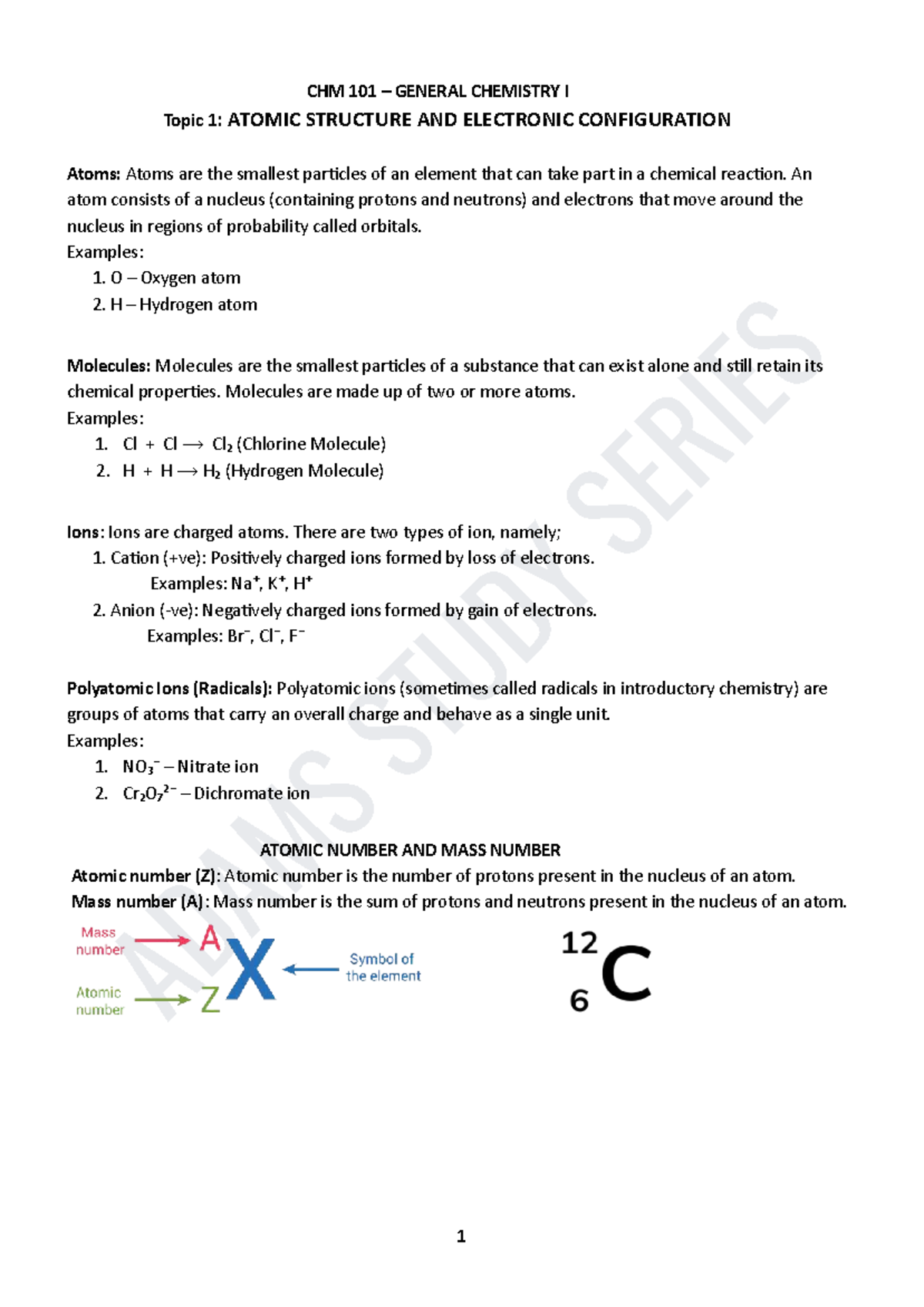 CHM 101 - General Chemistry I: Atomic Structure and Chemical Bonds ...
