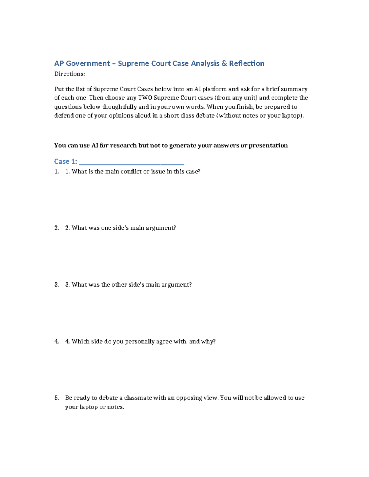 AP Gov Supreme Court Case Analysis Reflection & Debate Guide - Studocu