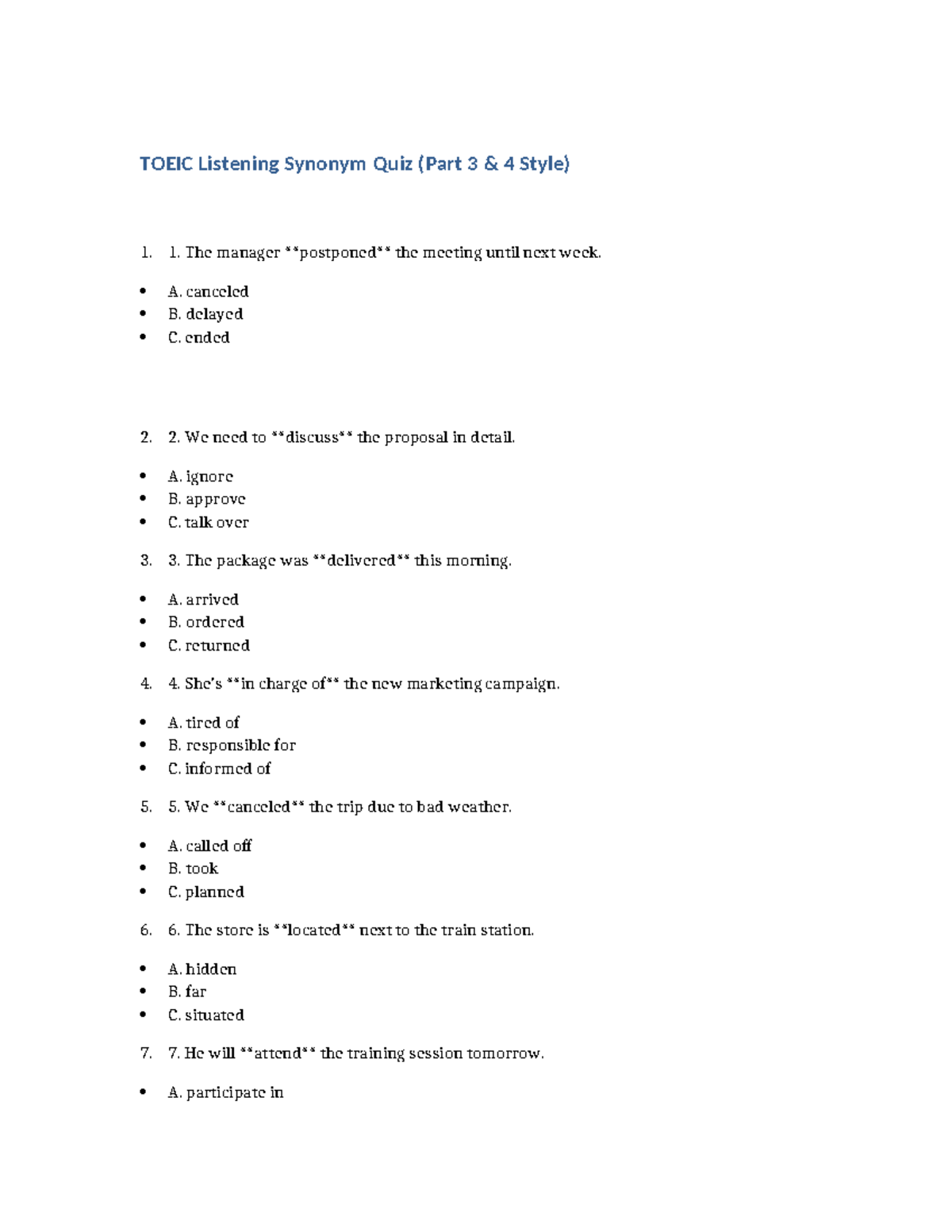 TOEIC Listening Synonym Quiz (Part 3 & 4) - Practice Questions - Studocu
