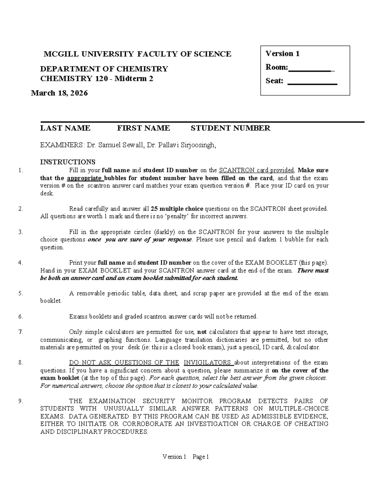 CHEM 120 Midterm 2 Exam Instructions and Questions 2026 V1 - Studocu