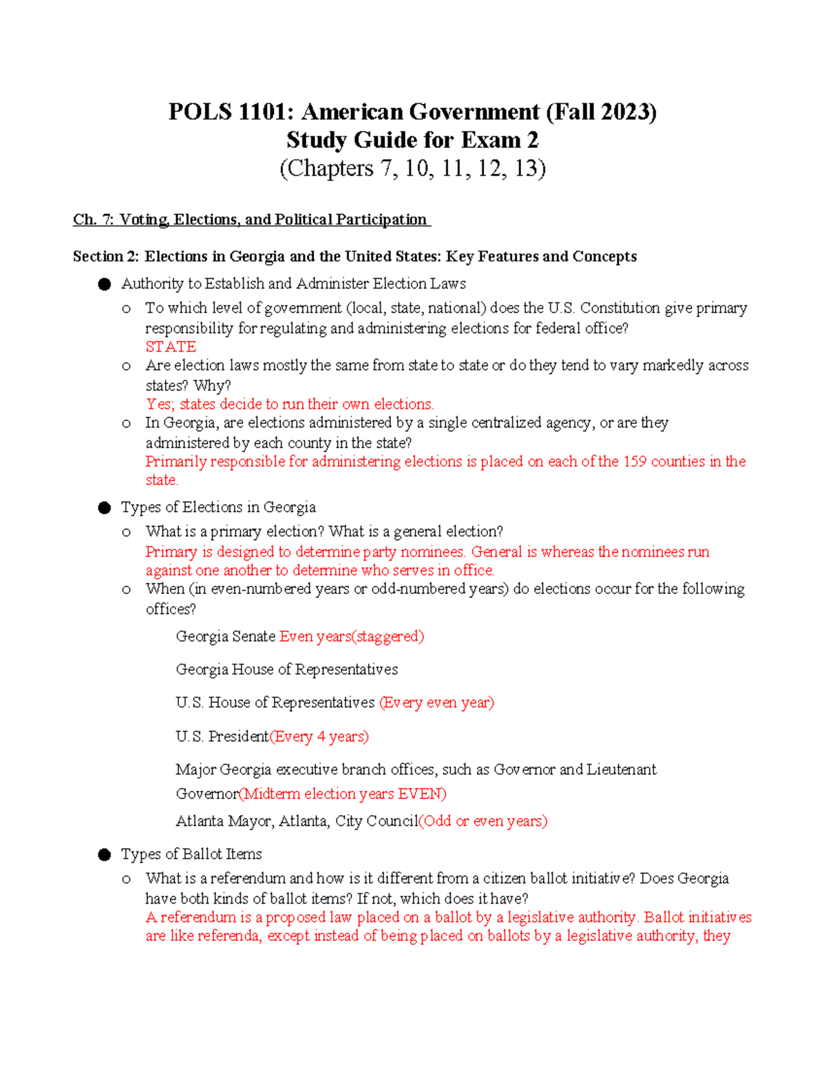 **POLS 1101 Final Exam Study Guide F23 - Chapters 7, 10, 11, 12, 13 ...