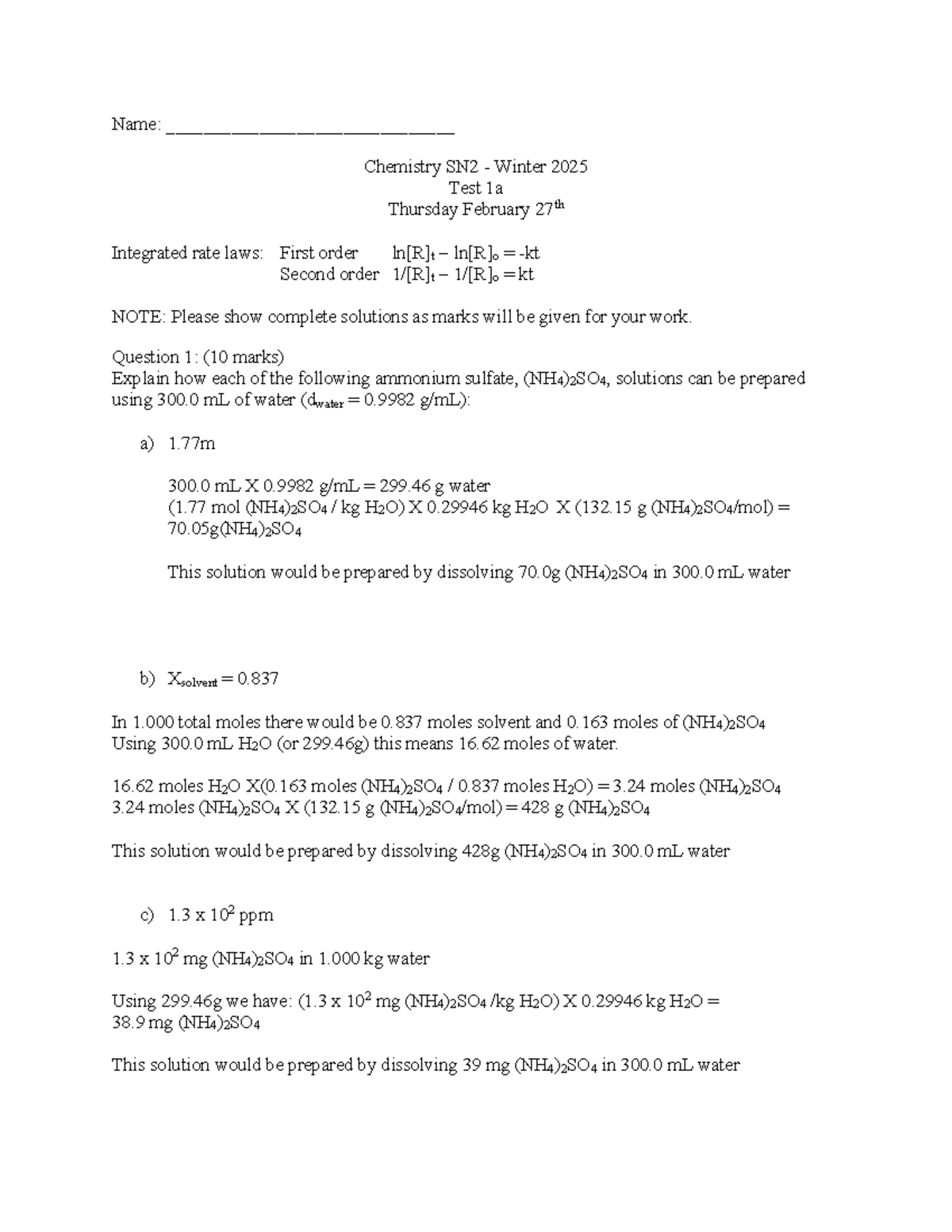 Test #1 Solutions for Chemistry SN2 Winter 2025 - Studocu