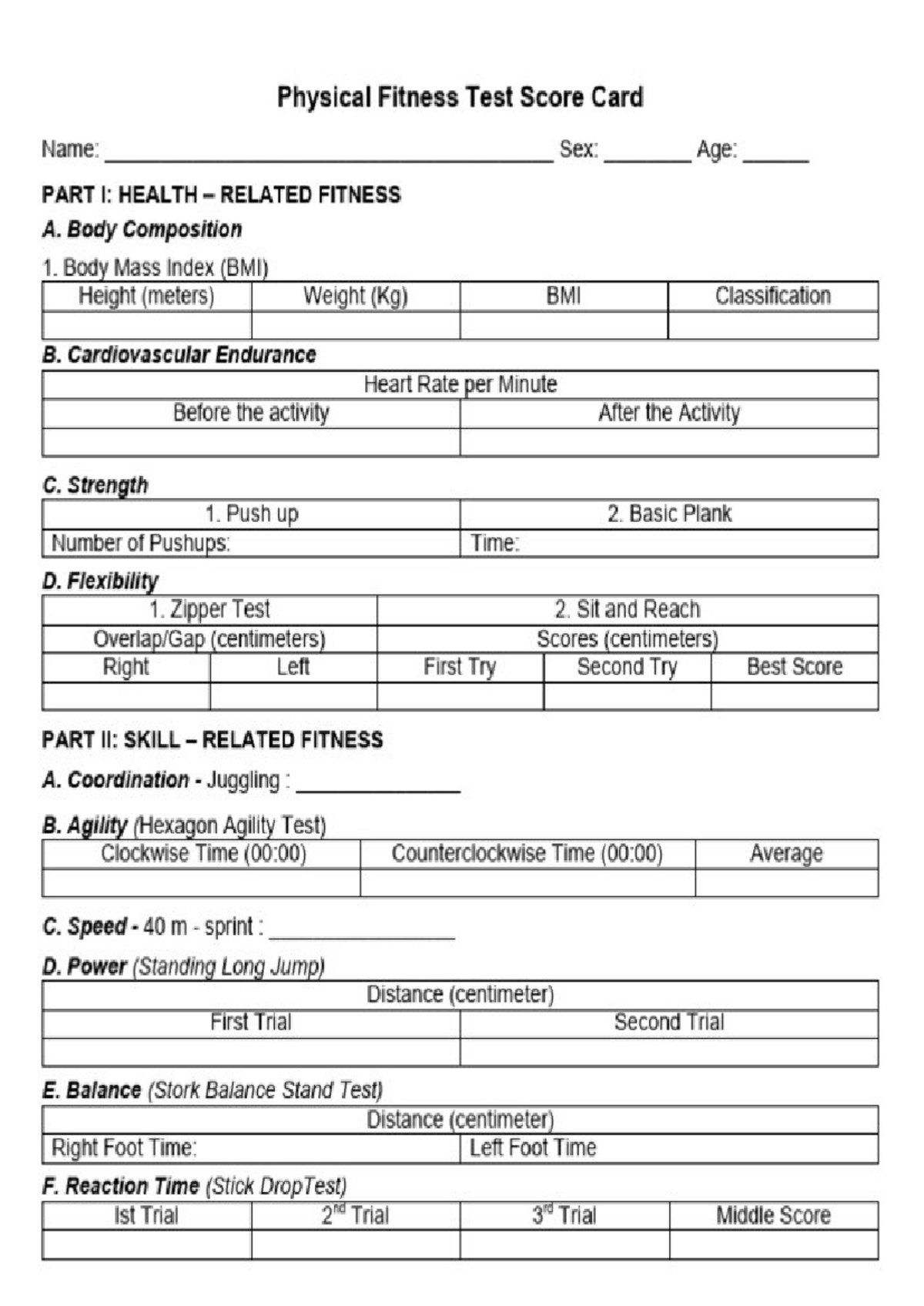 PE-PF Quiz: Physical Fitness Test Score Card Overview - Studocu