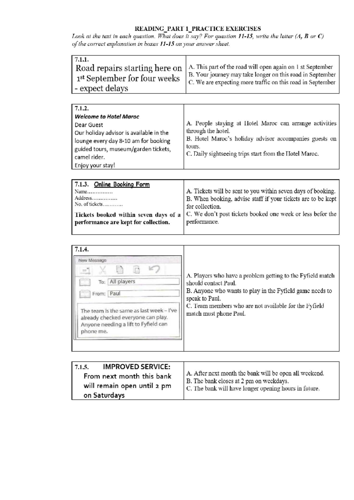 B1 - Reading Part 1 Practice Exercises: Test Your Comprehension - Studocu