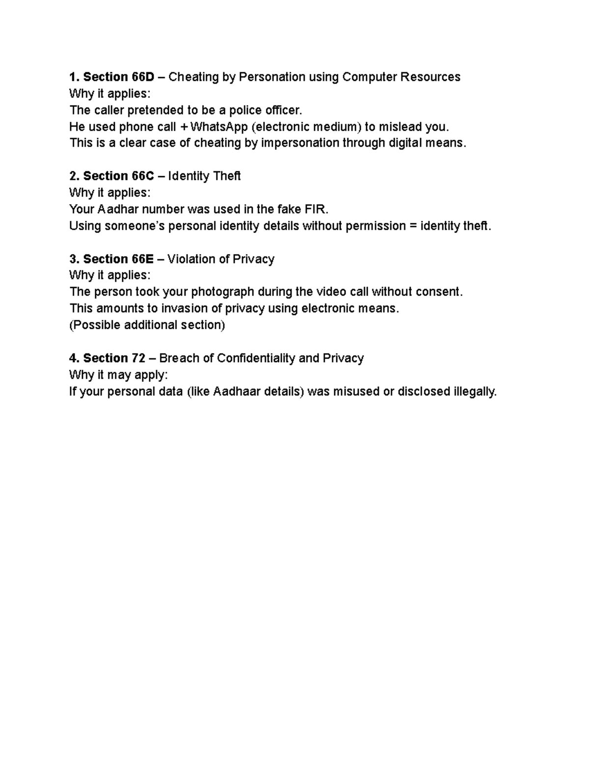 Sections 66D, 66C, 66E, and 72 - Legal Notes on Cyber Crimes - Studocu