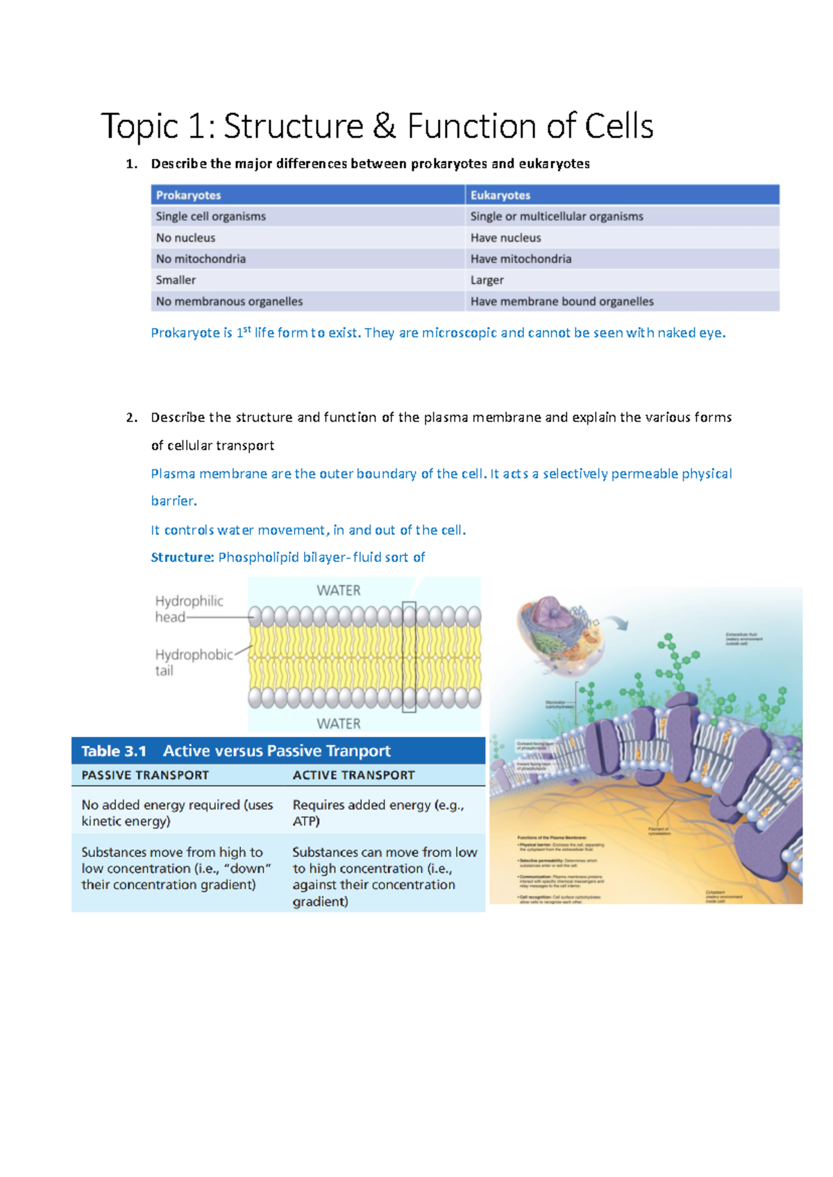 CTR WEEK 1 - Summary Cells Tissues & Regulation - Topic 1: Structure ...