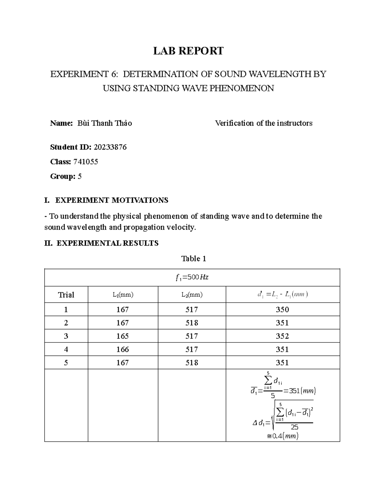 LAB Report 6: Sound Wavelength Determination via Standing Waves - Studocu