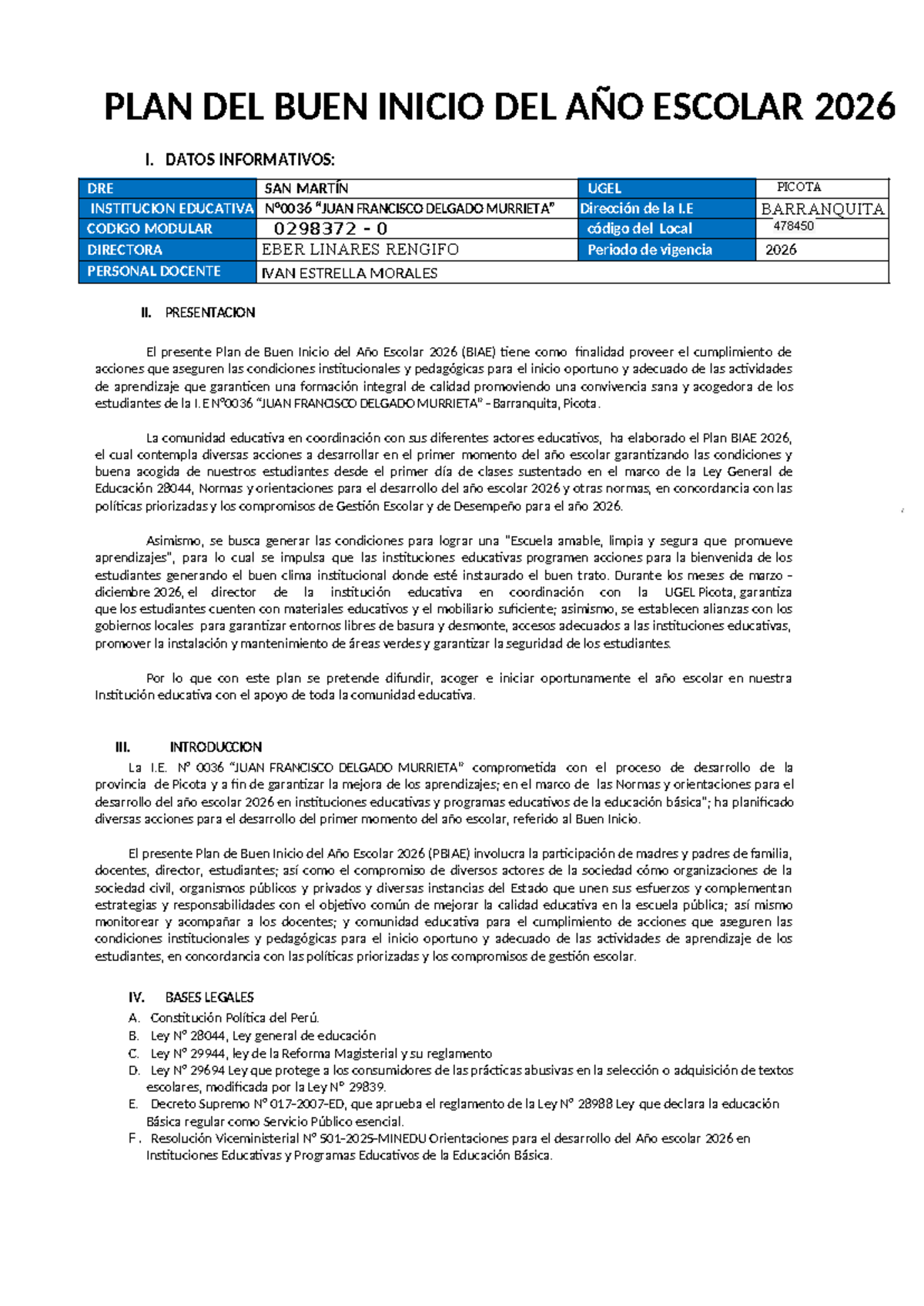 Plan del Buen Inicio del Año Escolar 2026 - I.E. Francisco Delgado ...