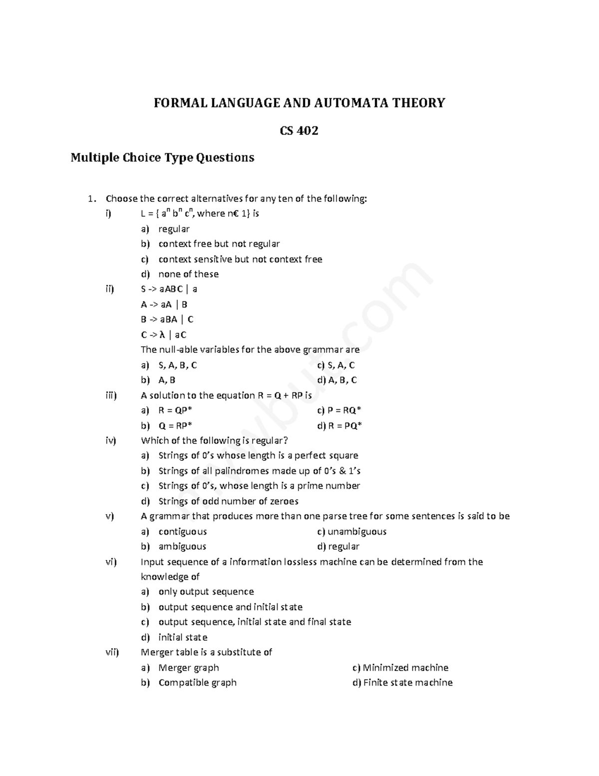 CS 402 Formal Language and Automata Theory MCQ & Short Answer Questions ...
