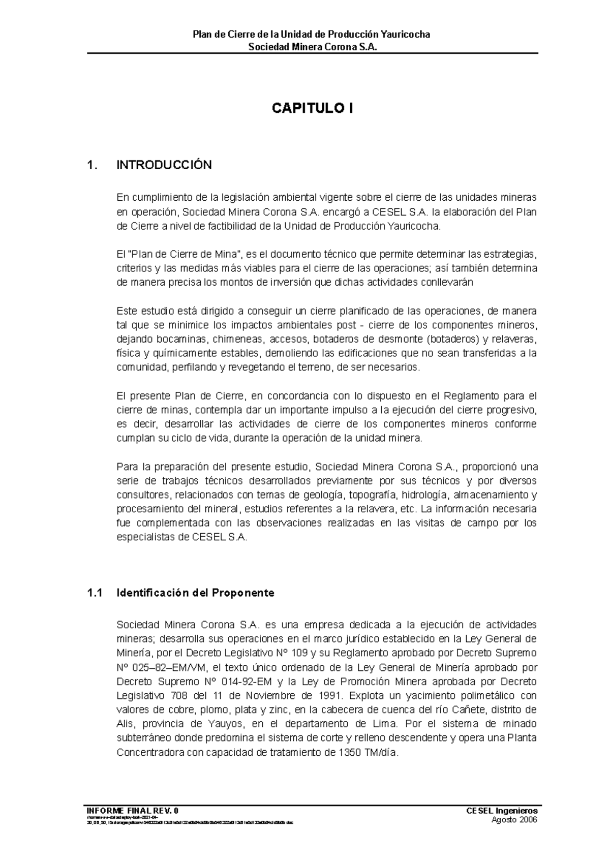 Plan de Cierre de la Unidad Minera Yauricocha - CESEL S.A. - Document Preview