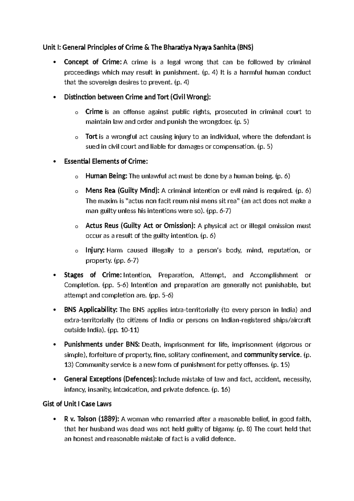 BNS Unit I: Overview of Crime Principles and Case Laws - Studocu