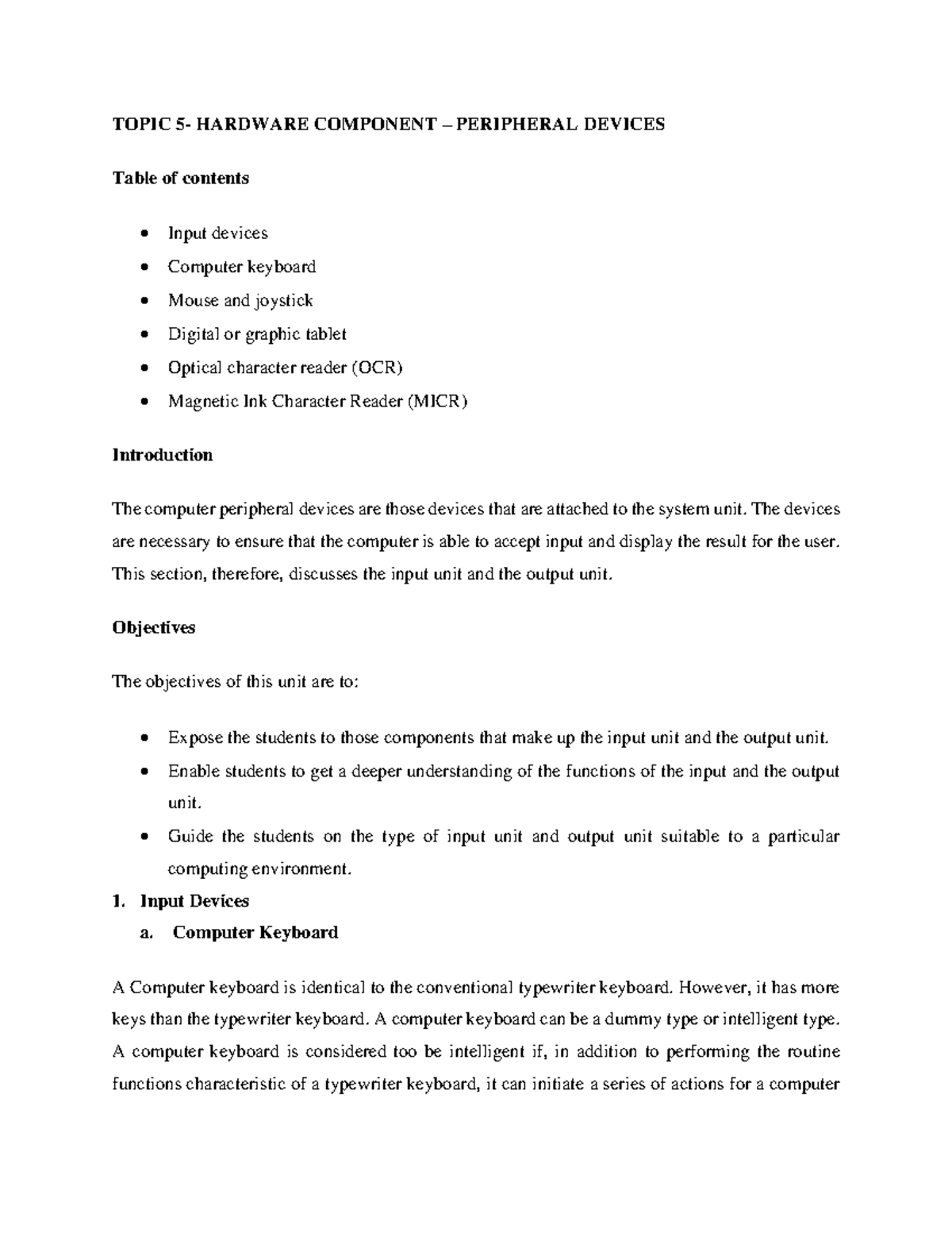 COMPUTER NOTES FOR REVISING - TOPIC 5- HARDWARE COMPONENT – PERIPHERAL ...
